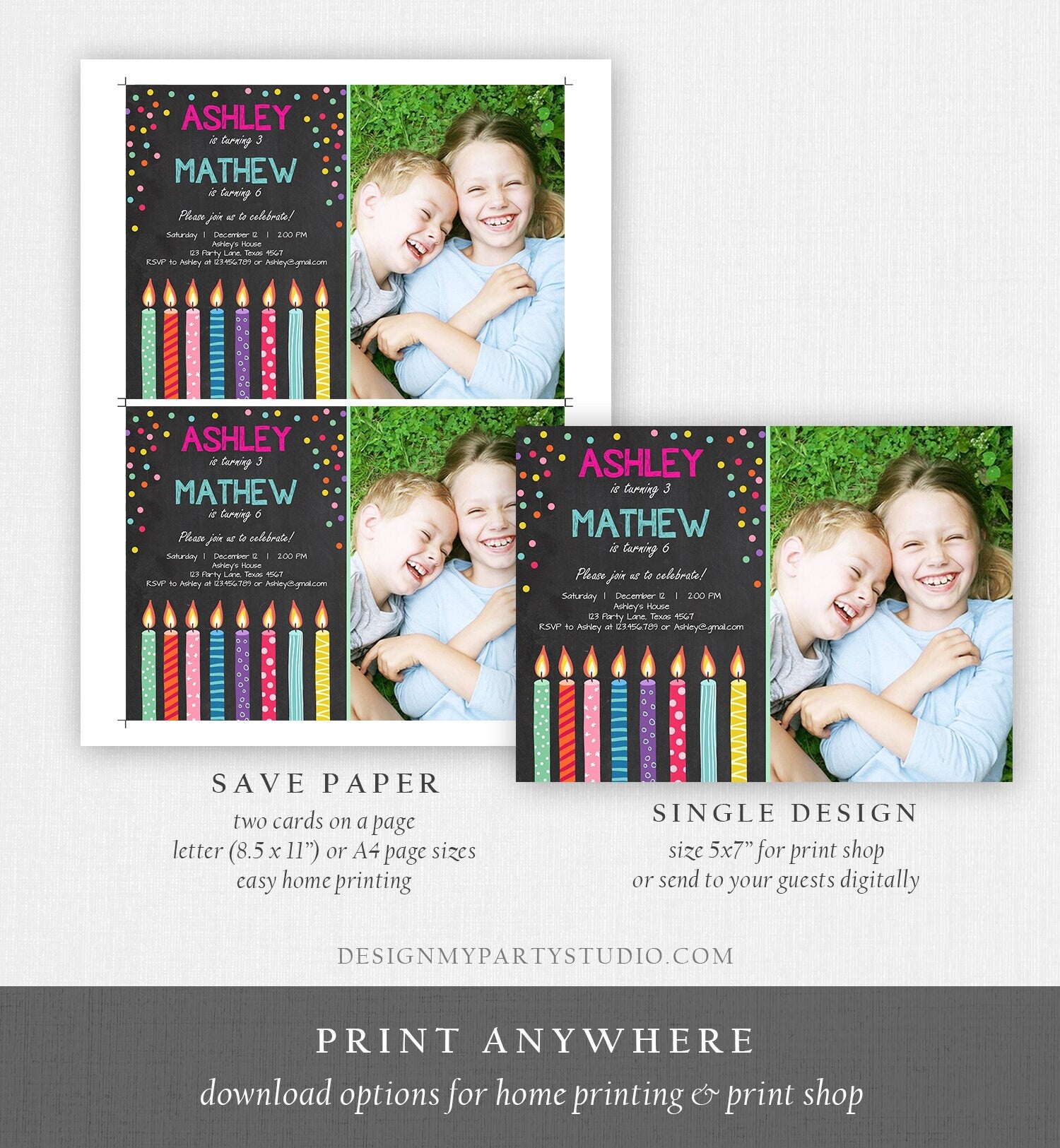 Editable Joint Twin Birthday Invitation Twins Confetti Siblings Birthday Party Boy Girl Download Printable Template Digital Corjl 0277