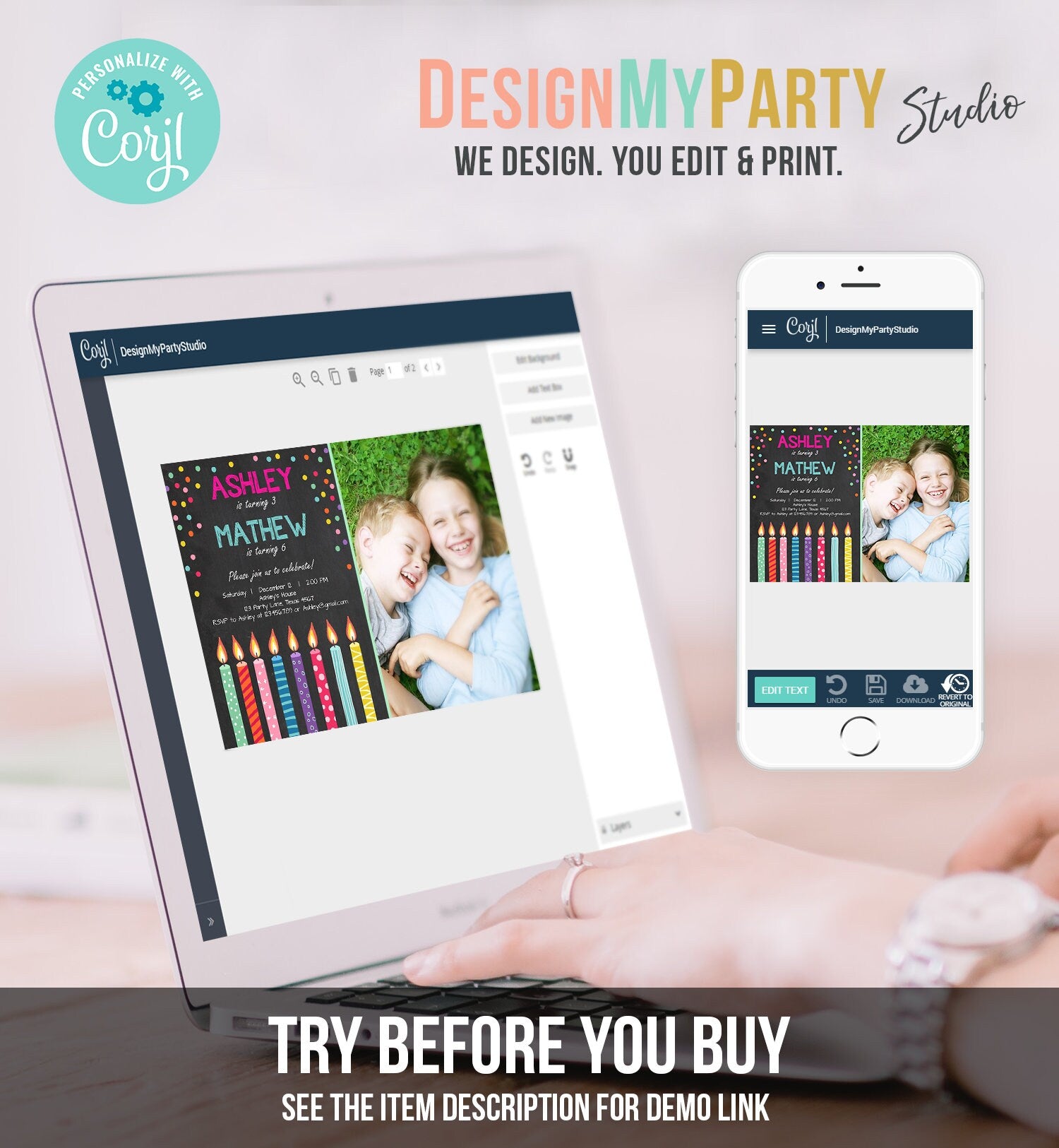 Editable Joint Twin Birthday Invitation Twins Confetti Siblings Birthday Party Boy Girl Download Printable Template Digital Corjl 0277