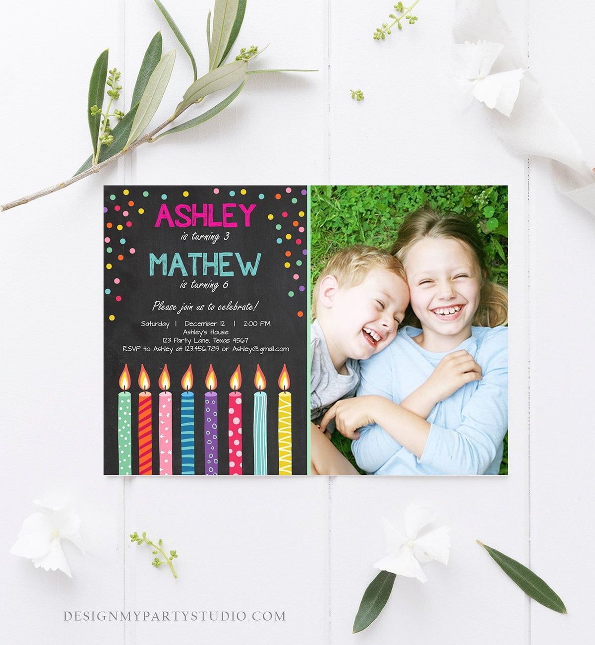 Editable Joint Twin Birthday Invitation Twins Confetti Siblings Birthday Party Boy Girl Download Printable Template Digital Corjl 0277