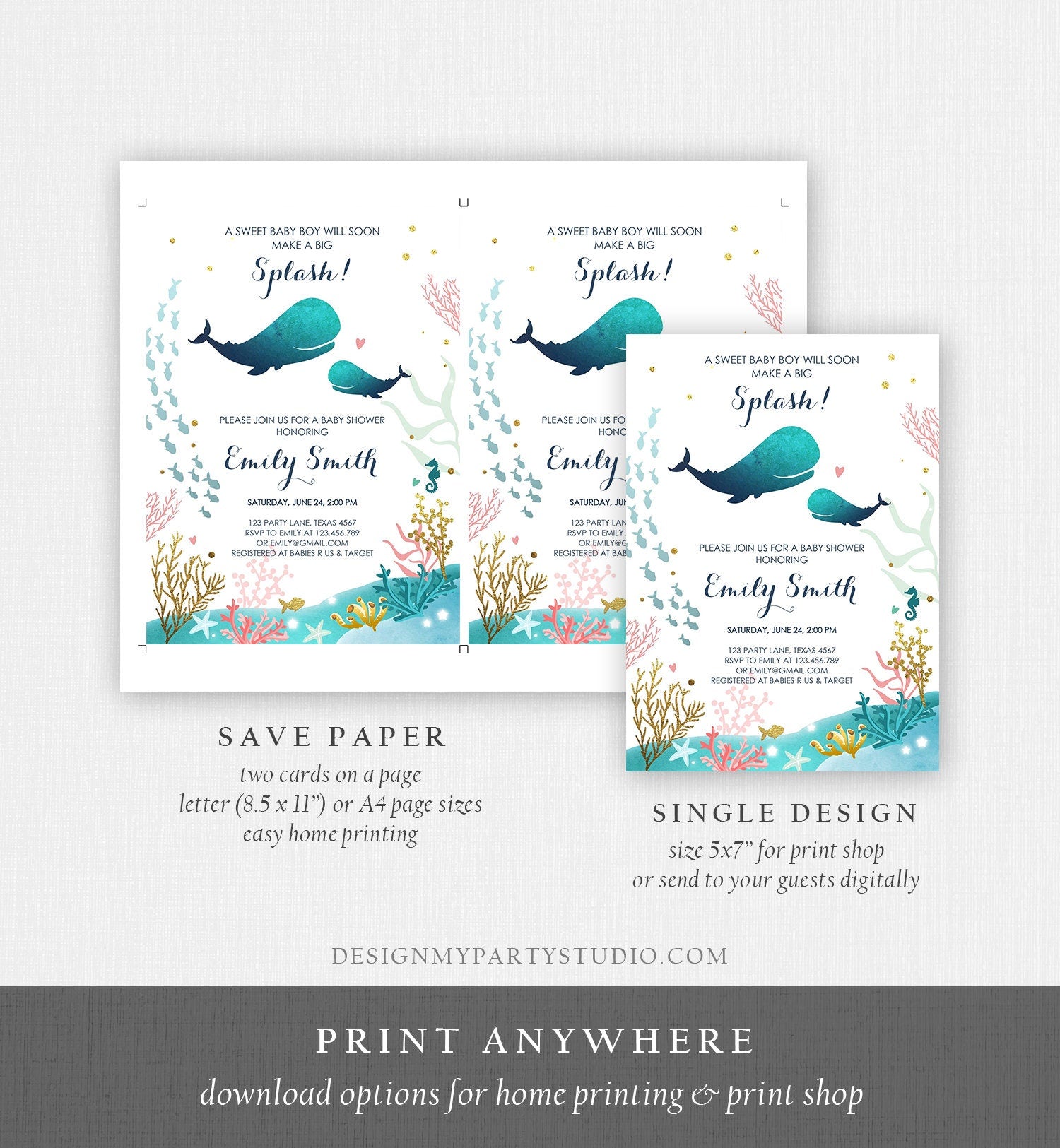 Editable Baby Shower Invitation Nautical Whale Baby Shower Invite Its a Boy Ocean Ahoy Watercolor Download Printable Template Corjl 0118