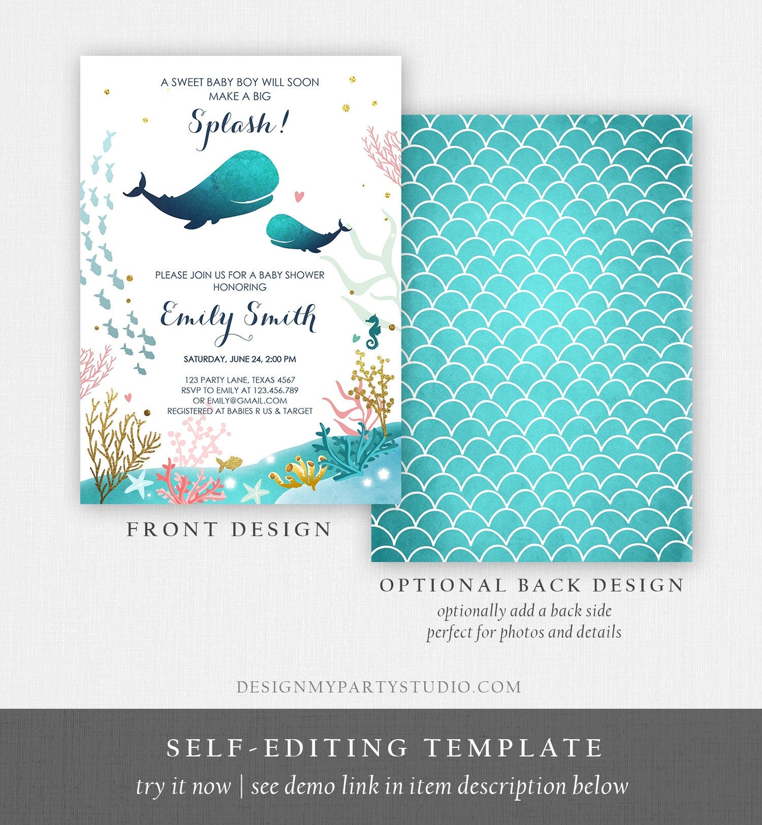 Editable Baby Shower Invitation Nautical Whale Baby Shower Invite Its a Boy Ocean Ahoy Watercolor Download Printable Template Corjl 0118