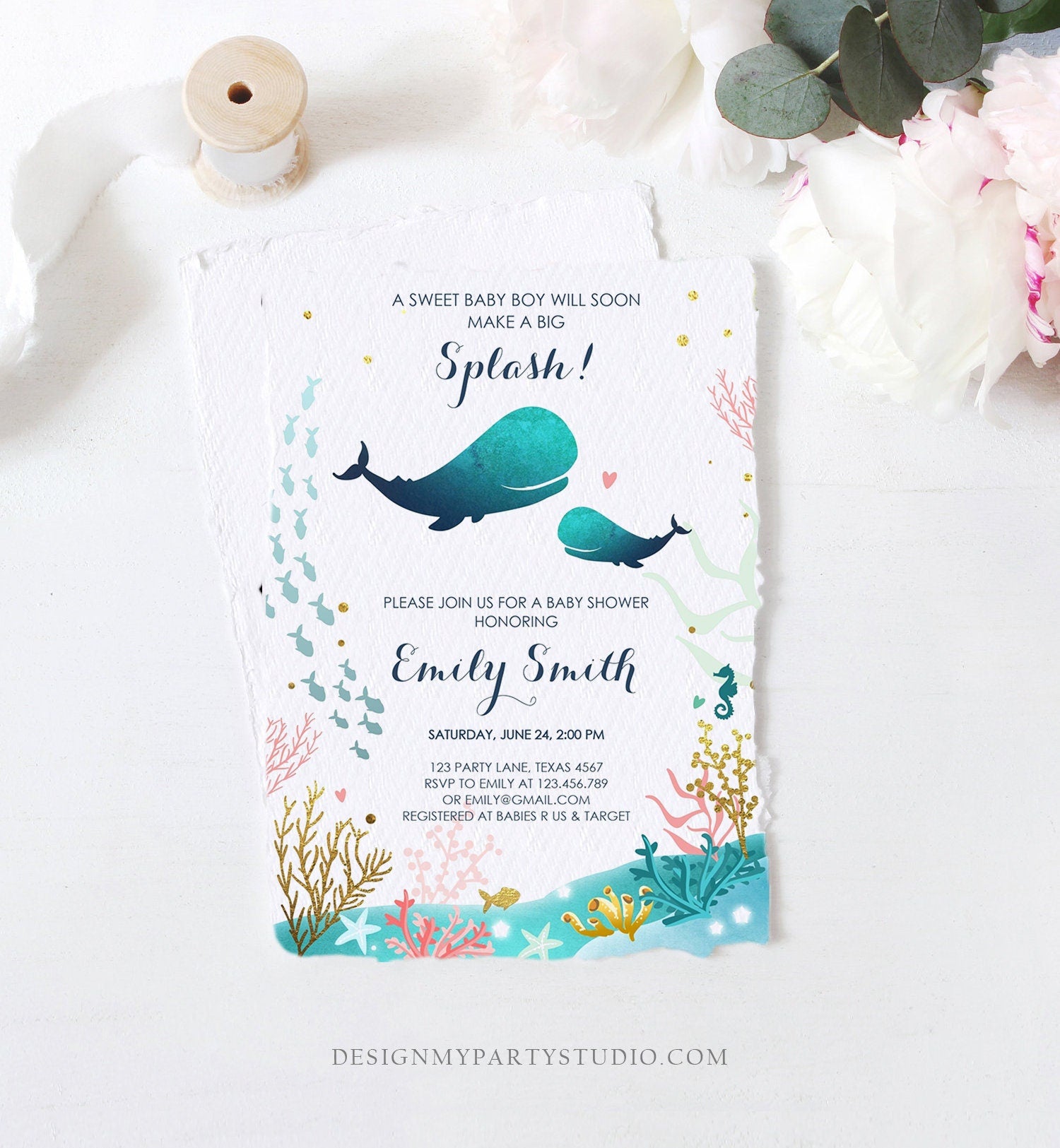 Editable Baby Shower Invitation Nautical Whale Baby Shower Invite Its a Boy Ocean Ahoy Watercolor Download Printable Template Corjl 0118