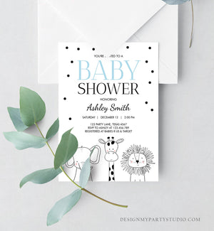 Editable Baby Shower Invitation Animals Cute Safari Animal Zoo Jungle Blue Boy Modern Baby Shower Template Download Digital Corjl 0039