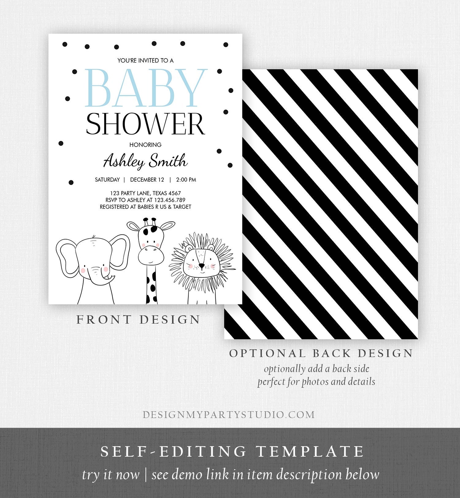 Editable Baby Shower Invitation Animals Cute Safari Animal Zoo Jungle Blue Boy Modern Baby Shower Template Download Digital Corjl 0039