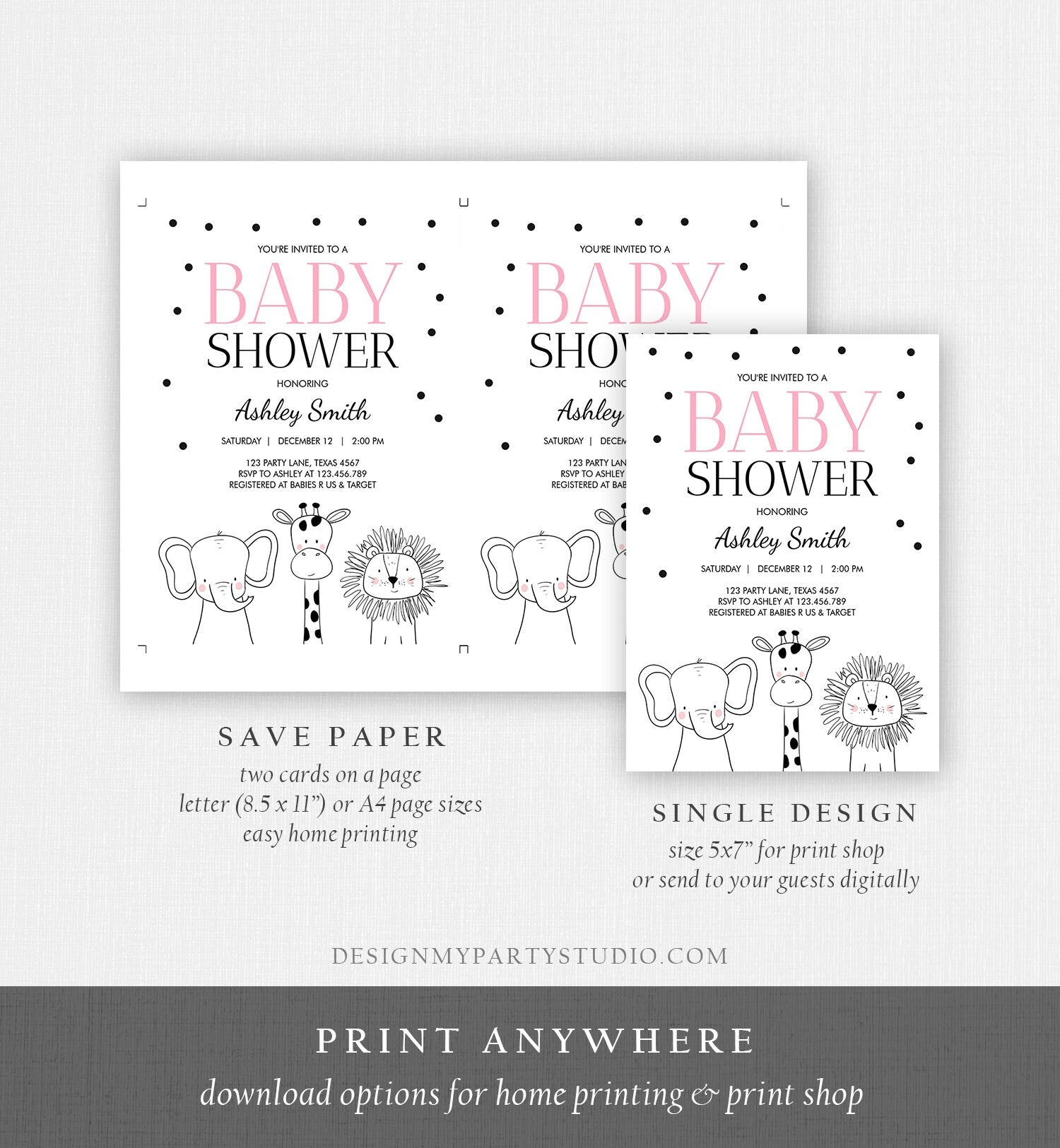 Editable Baby Shower Invitation Animals Cute Safari Animal Zoo Jungle Pink Girl Modern Baby Shower Template Download Digital Corjl 0039