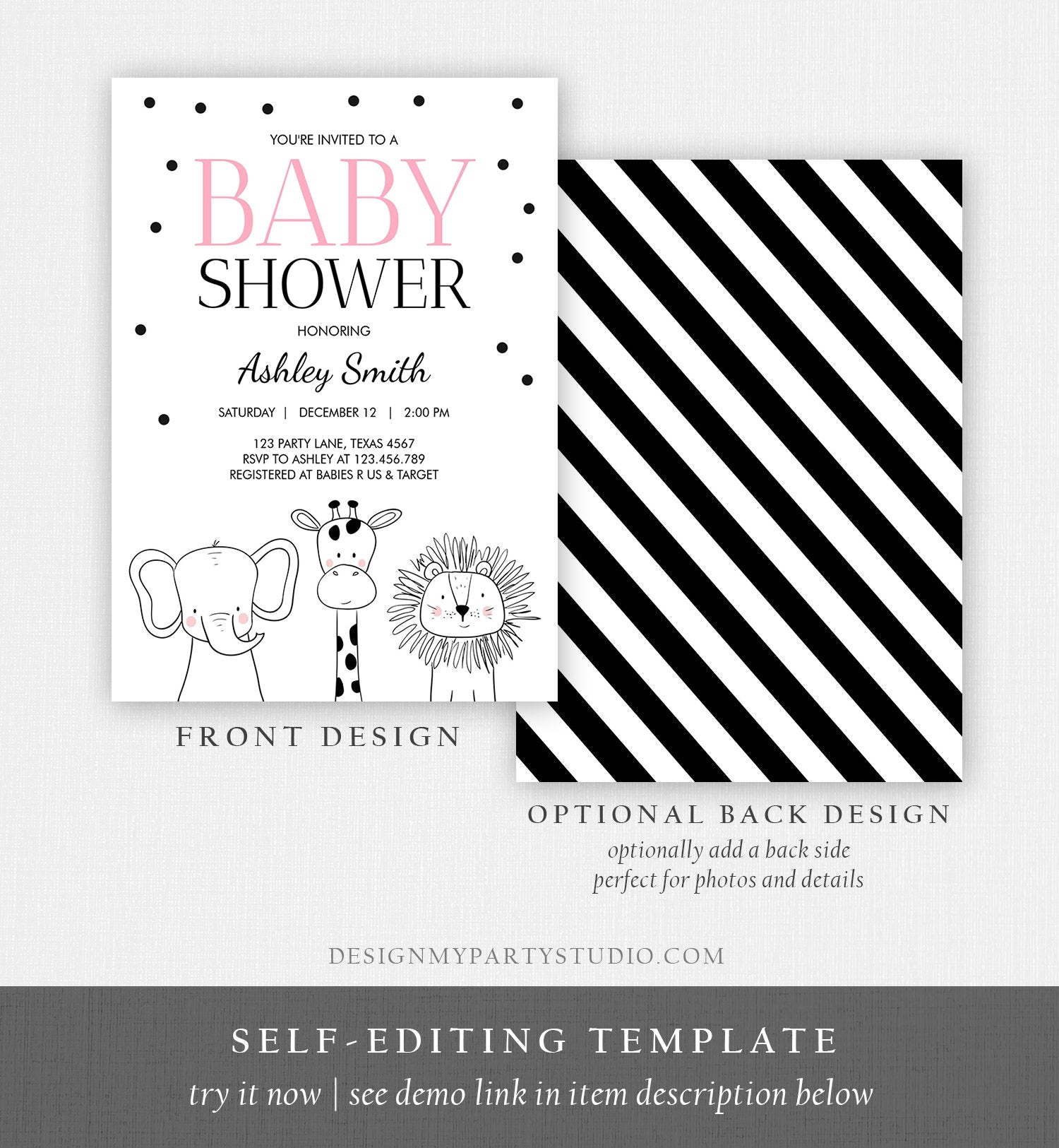 Editable Baby Shower Invitation Animals Cute Safari Animal Zoo Jungle Pink Girl Modern Baby Shower Template Download Digital Corjl 0039