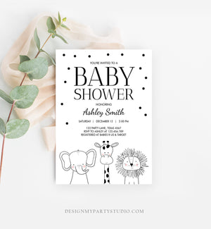 Editable Baby Shower Invitation Animals Cute Safari Animal Zoo Jungle Modern Gender Neutral Simple Template Download Digital Corjl 0039