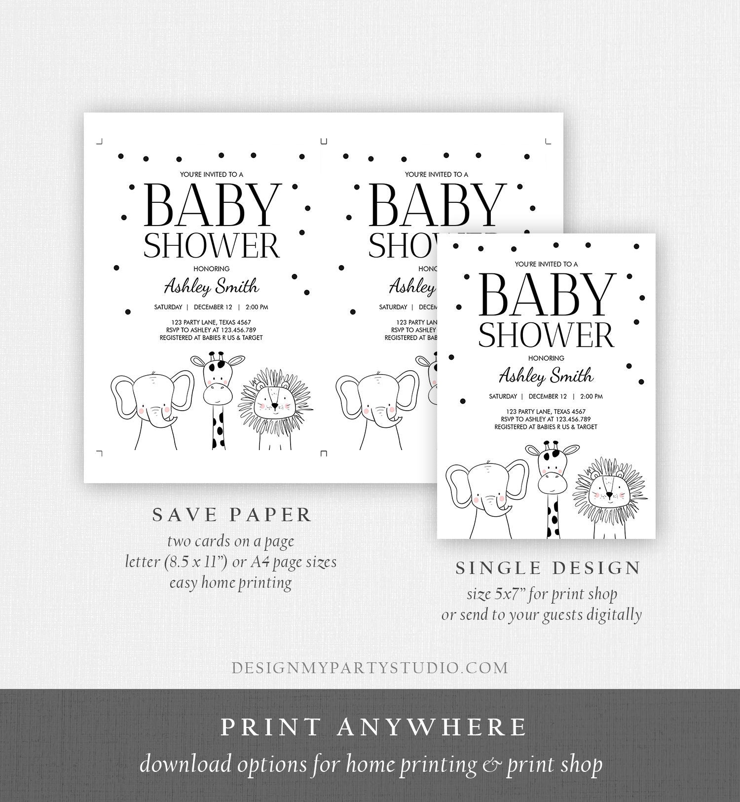 Editable Baby Shower Invitation Animals Cute Safari Animal Zoo Jungle Modern Gender Neutral Simple Template Download Digital Corjl 0039