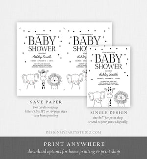 Editable Baby Shower Invitation Animals Cute Safari Animal Zoo Jungle Modern Gender Neutral Simple Template Download Digital Corjl 0039