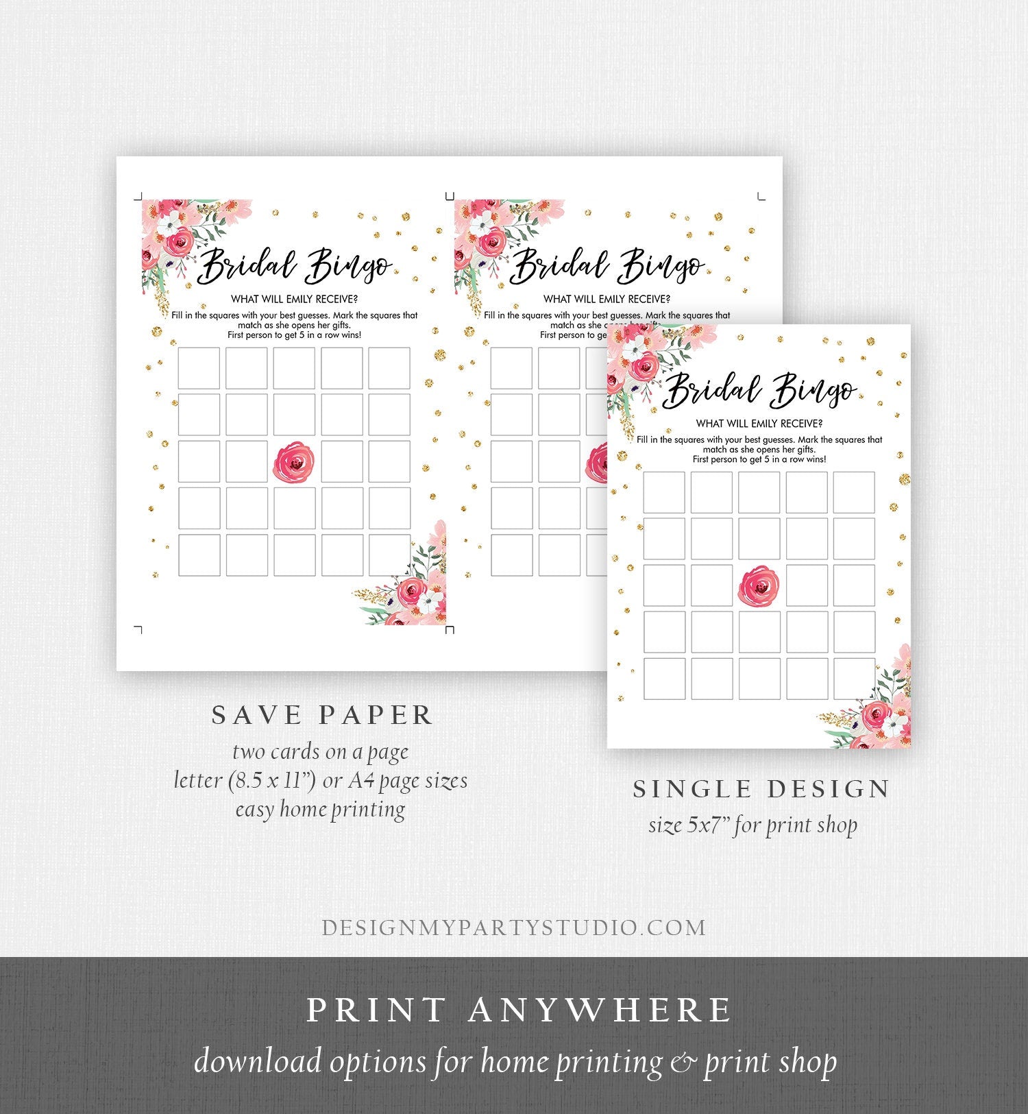 Editable Bingo Bridal Shower Game Wedding Shower Activity Floral Pink Gold Confetti Travel Flowers Corjl Template Printable 0030 0318