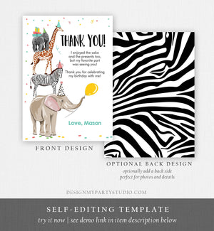 Editable Thank You Card Party Animals Thank you Note Wild Safari Animals Boy Jungle Zoo Download Printable Template Digital Corjl 0142