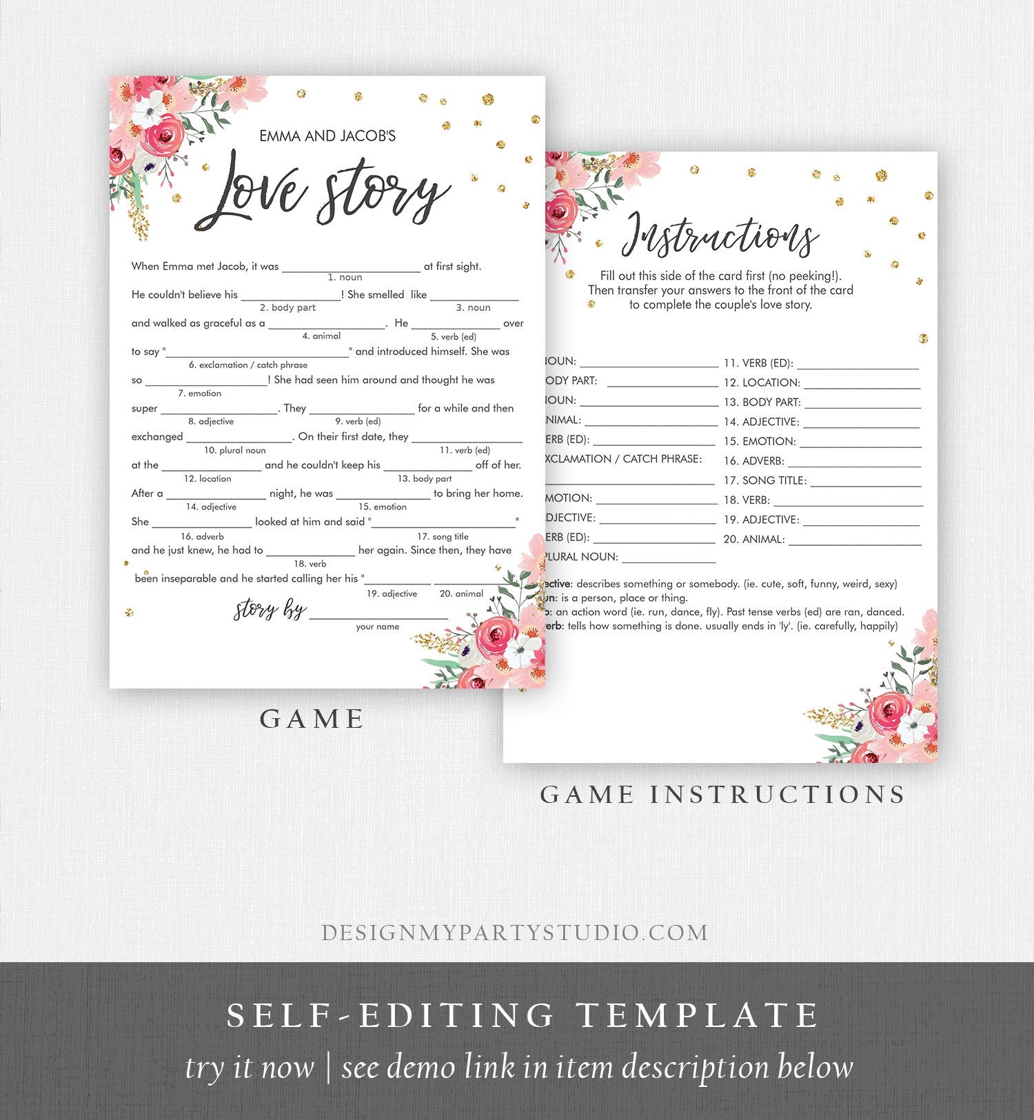 Editable Love Story Bridal Shower Game Funny Pink Floral Gold Confetti Shower Activity Wedding Foliage Download Corjl Template 0030 0318