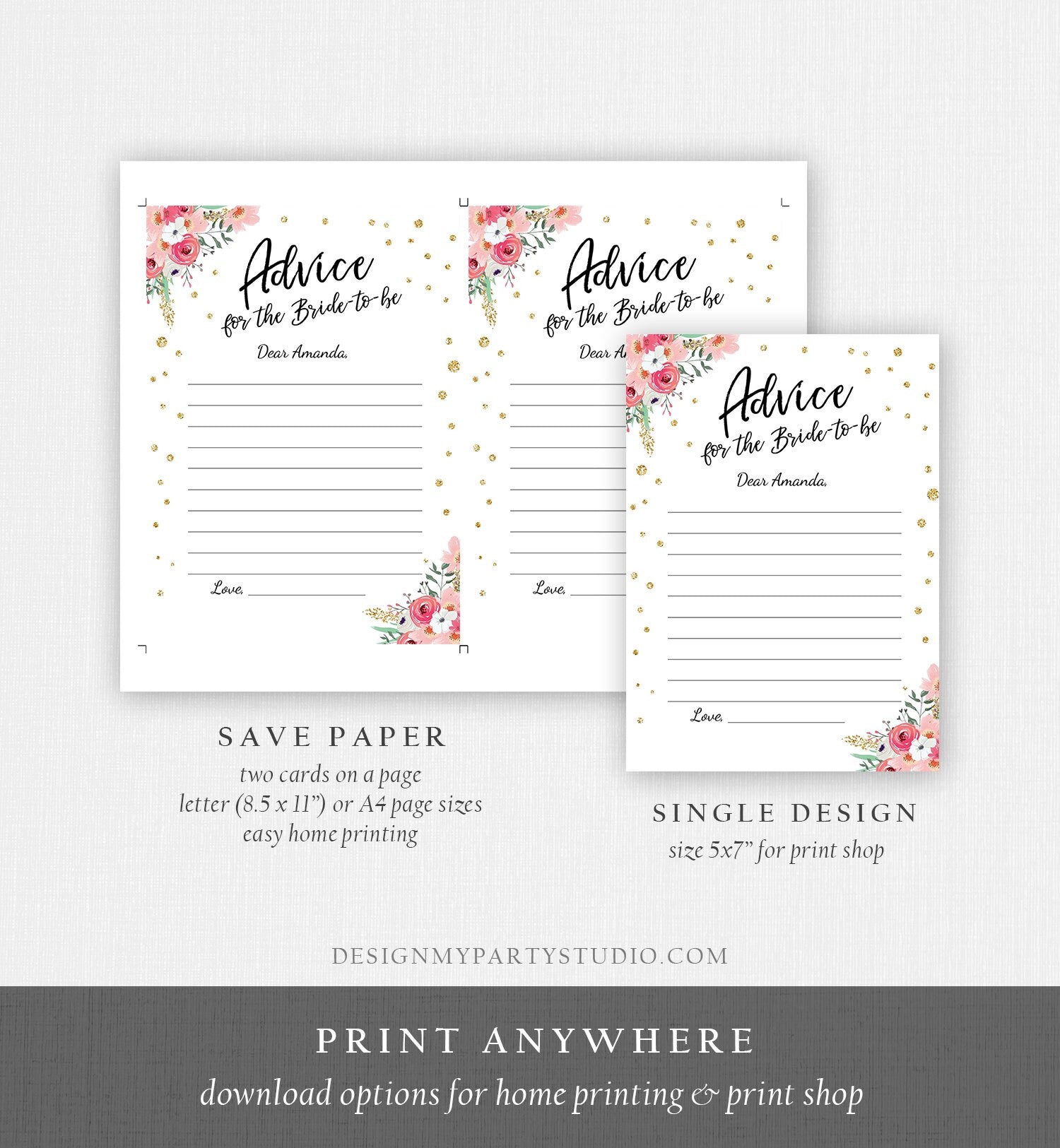 Editable Advice for the Bride-to-Be Card Words of Wisdom Advice for Bride Floral Pink Gold Game Activity Corjl Template Printable 0030 0318