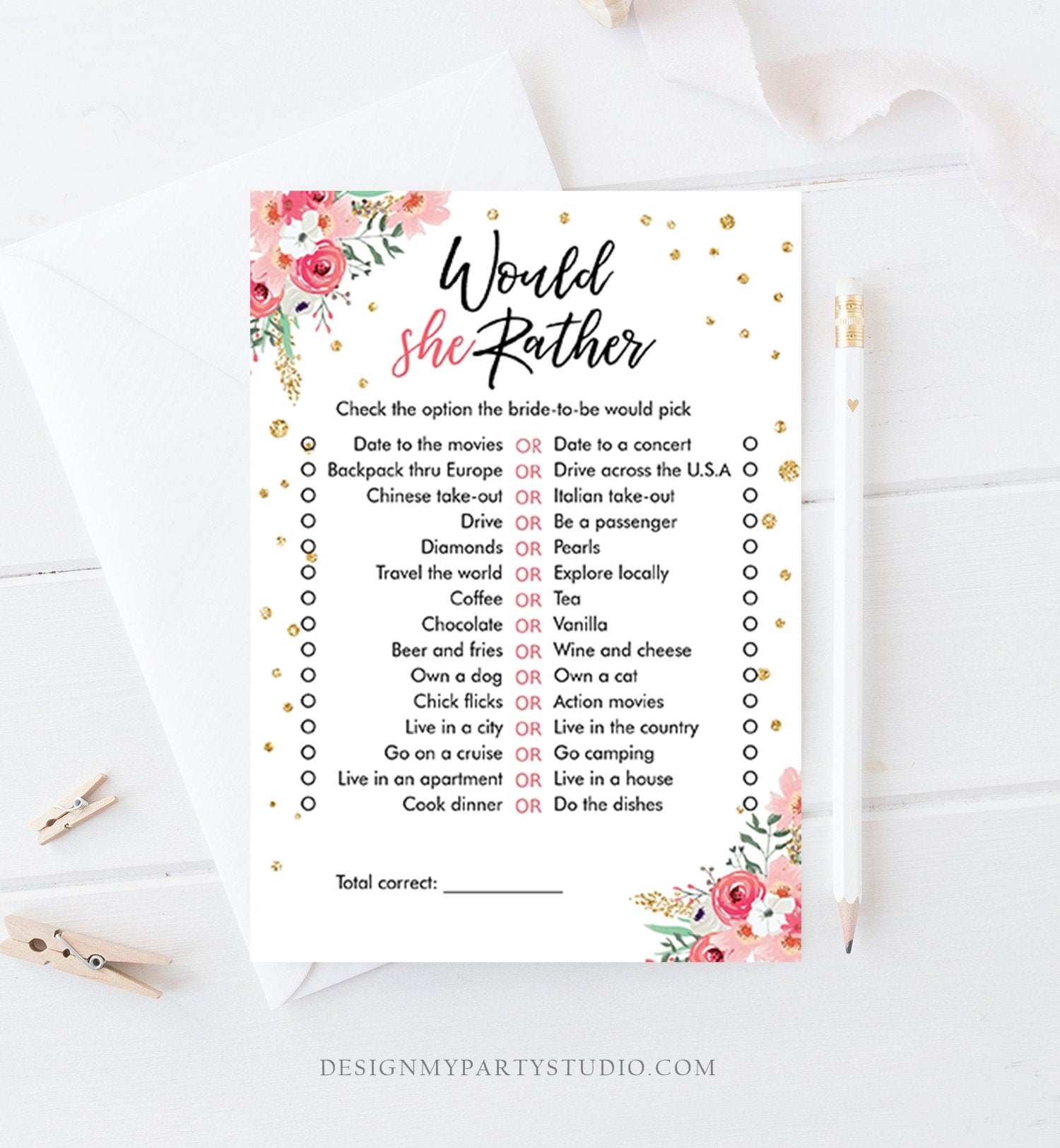 Editable Travel Adventure Floral Bridal Shower Games Bundle Wedding Shower Activity Pink Gold Confetti Corjl Template Printable 0030 0318