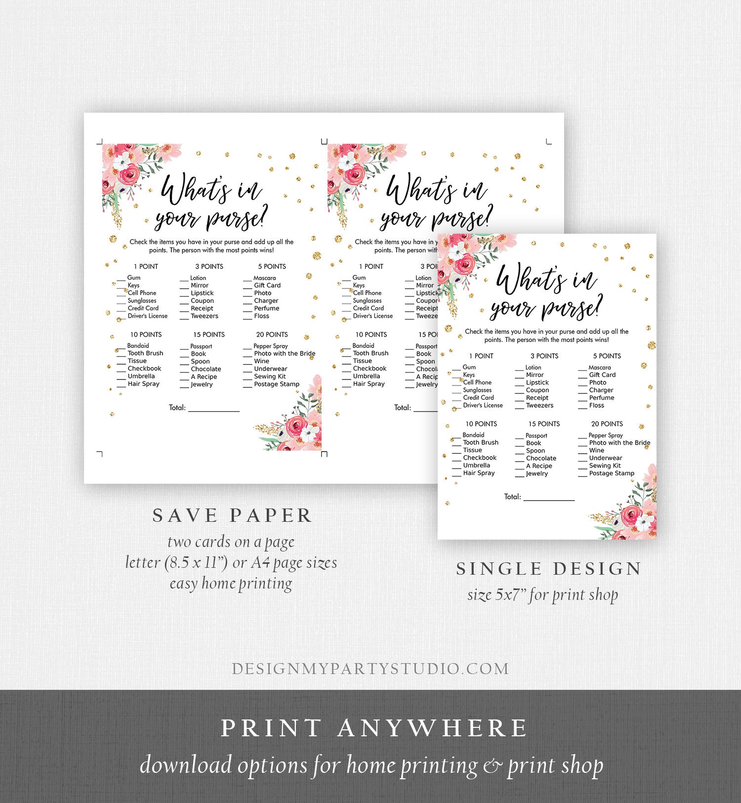 Editable What's in Your Purse Bridal Shower Game Wedding Shower Activity Pink Floral Gold Confetti Digital Template Printable 0030 0318