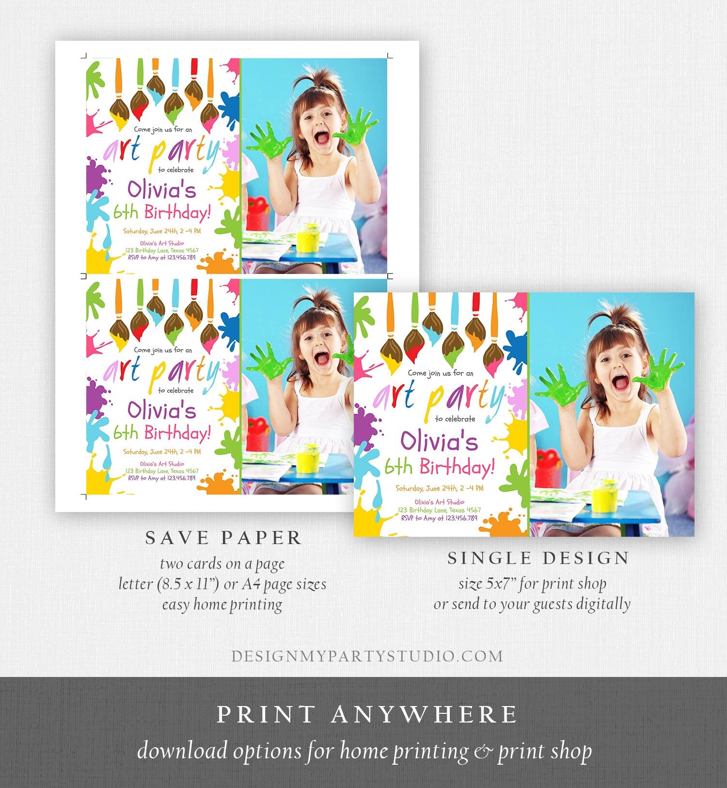 Editable Art Party Birthday Invitation Paint Party Artist Painting Invitation Arts & Crafts Digital Printable Invitation Template Corjl 0226