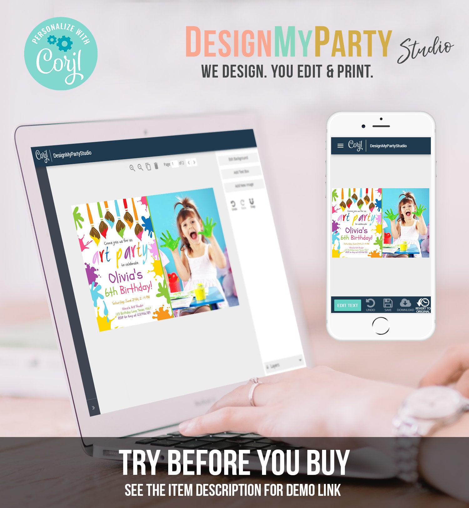 Editable Art Party Birthday Invitation Paint Party Artist Painting Invitation Arts & Crafts Digital Printable Invitation Template Corjl 0226