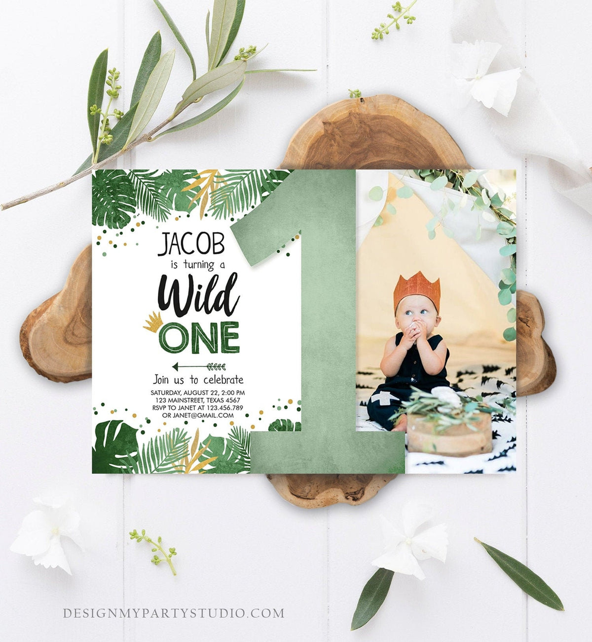 Editable Wild One First Birthday Invitation Jungle Safari Tropical Leaves 1st Birthday Confetti Boy Gold Green Template Printable 0332