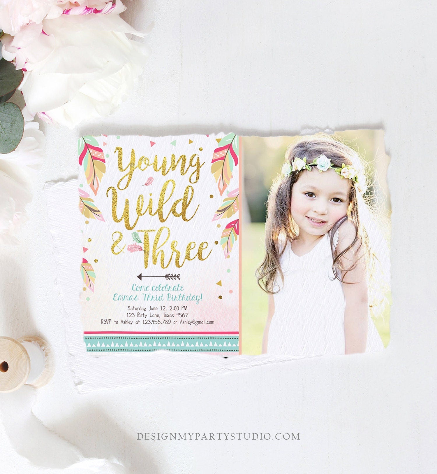 Editable Young Wild and Three Invitation Girl Pink Gold Third Birthday Feathers Tribal Boho Digital Download Printable Corjl Template 0038