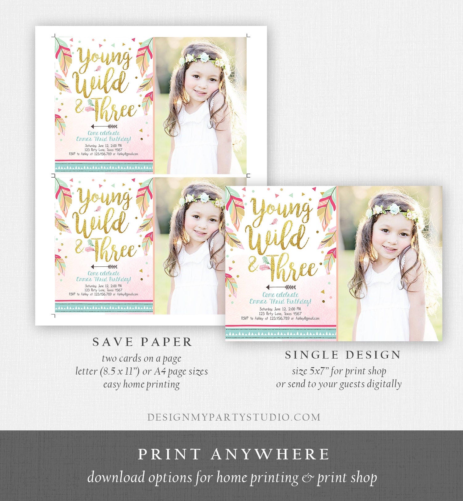 Editable Young Wild and Three Invitation Girl Pink Gold Third Birthday Feathers Tribal Boho Digital Download Printable Corjl Template 0038