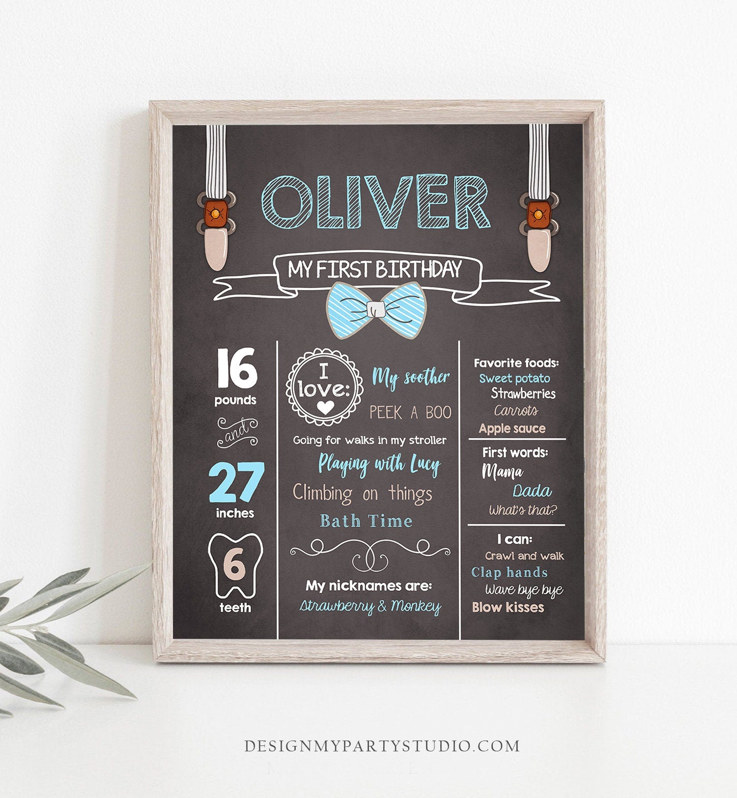 Editable Little Man Birthday Milestones Sign Boy First Birthday Poster 1st Birthday Chalk Boy Blue Bow Tie Corjl Template Printable 0063