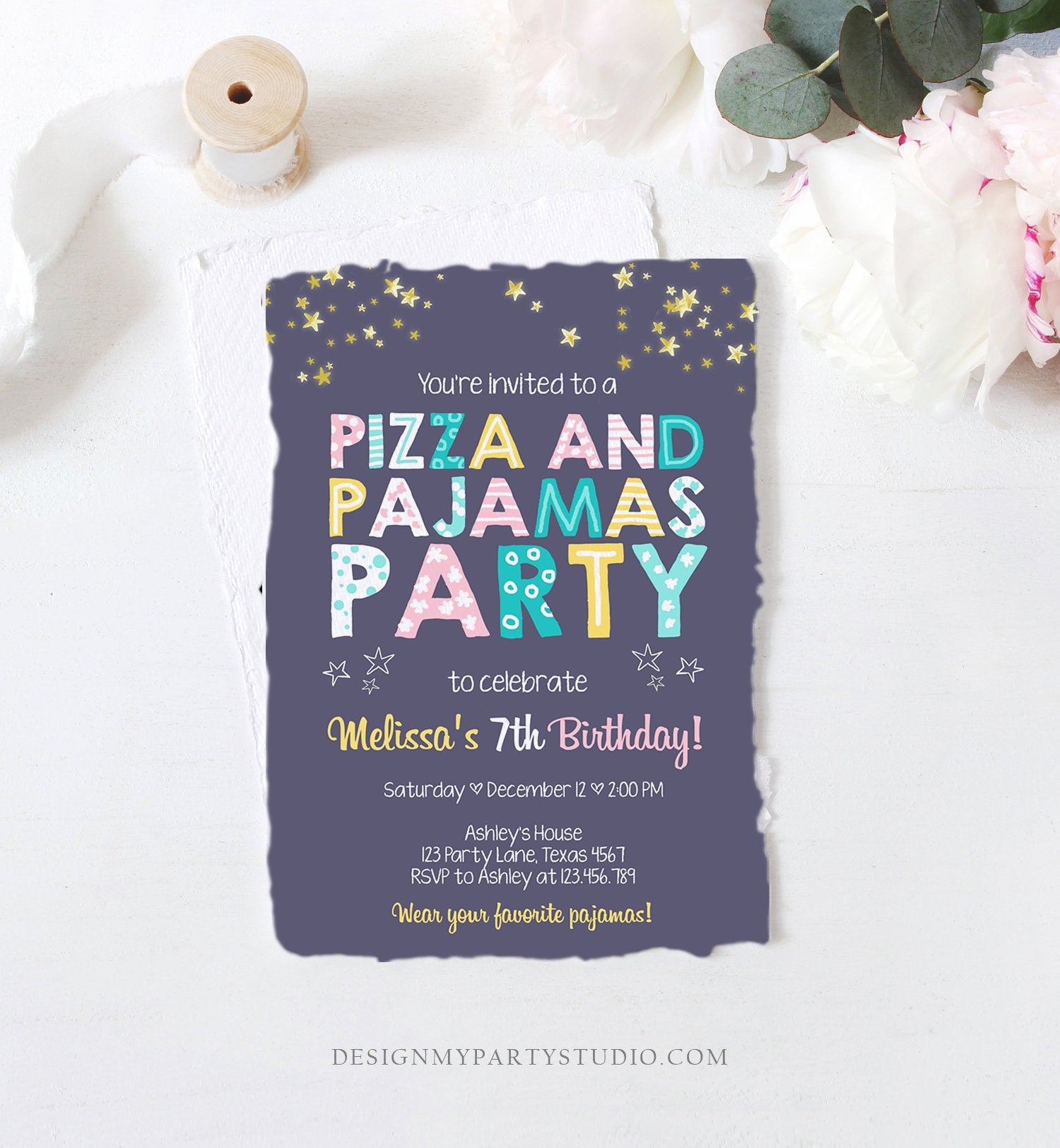 Editable Pizza and Pajamas Birthday Invitation Movie Night Birthday Slumber Party Girl Pink Digital Download Evite Template Printable 0218