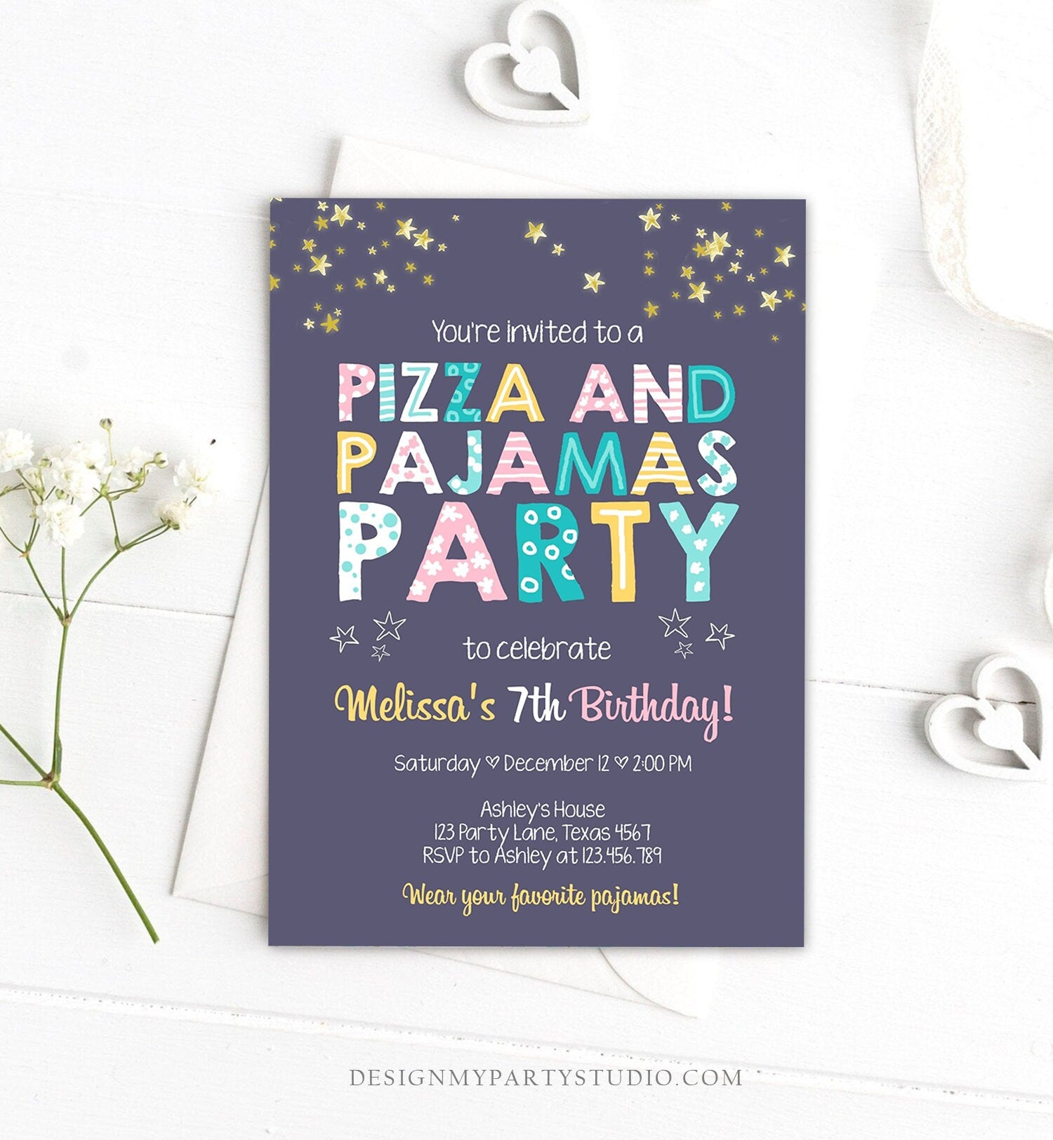 Editable Pizza and Pajamas Birthday Invitation Movie Night Birthday Slumber Party Girl Pink Digital Download Evite Template Printable 0218