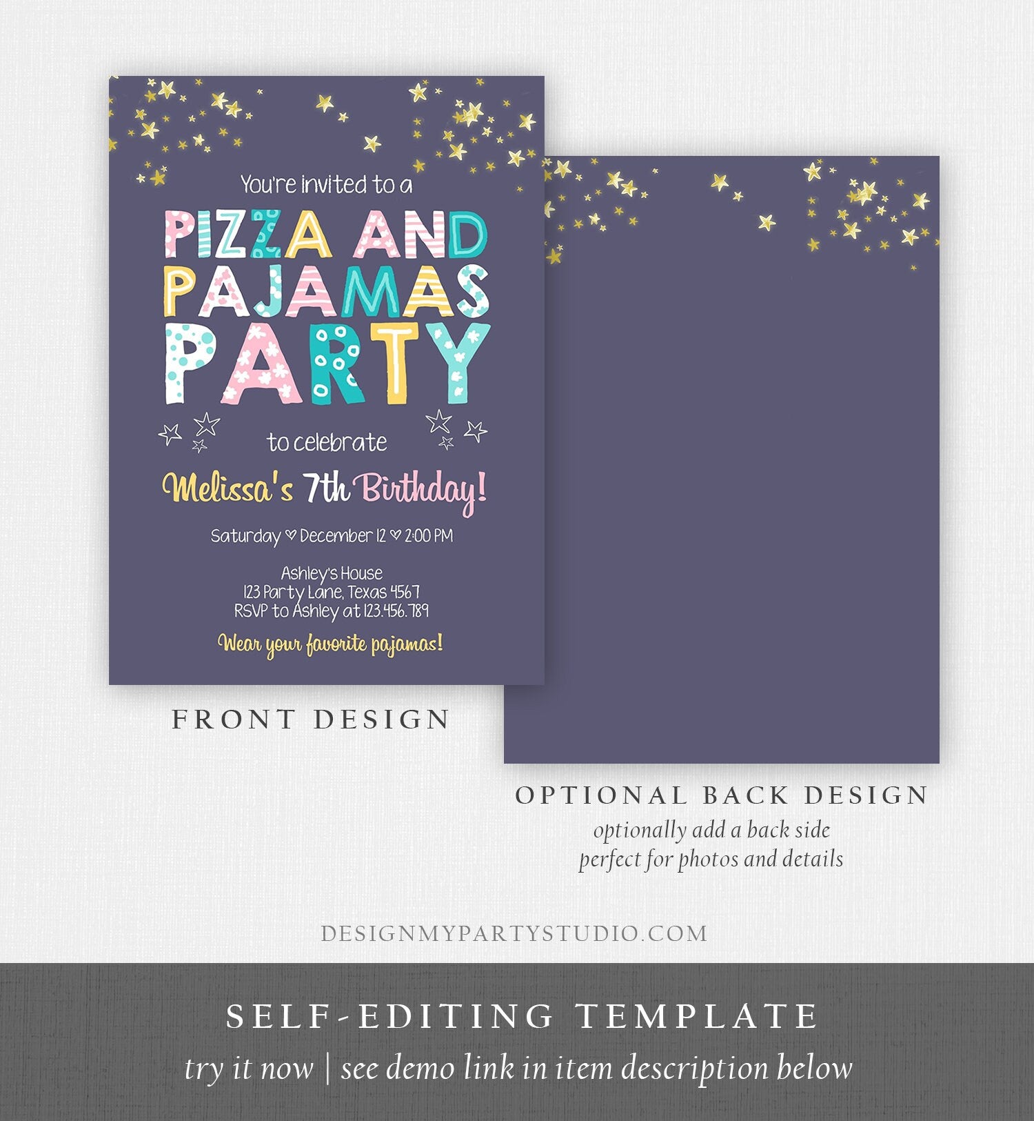 Editable Pizza and Pajamas Birthday Invitation Movie Night Birthday Slumber Party Girl Pink Digital Download Evite Template Printable 0218