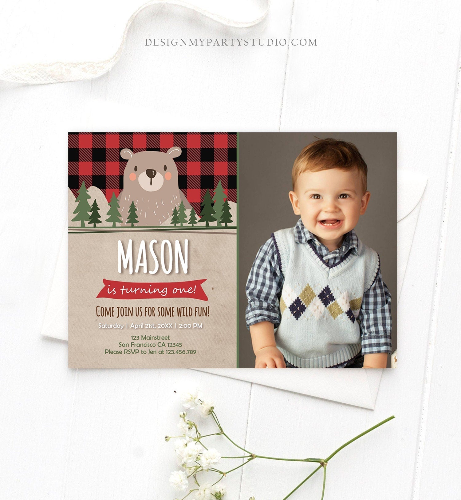 Editable Lumberjack Birthday Invitation Rustic Woodland Bear First Birthday 1st Man Cub Buffalo Plaid Forest Printable Corjl Template 0026