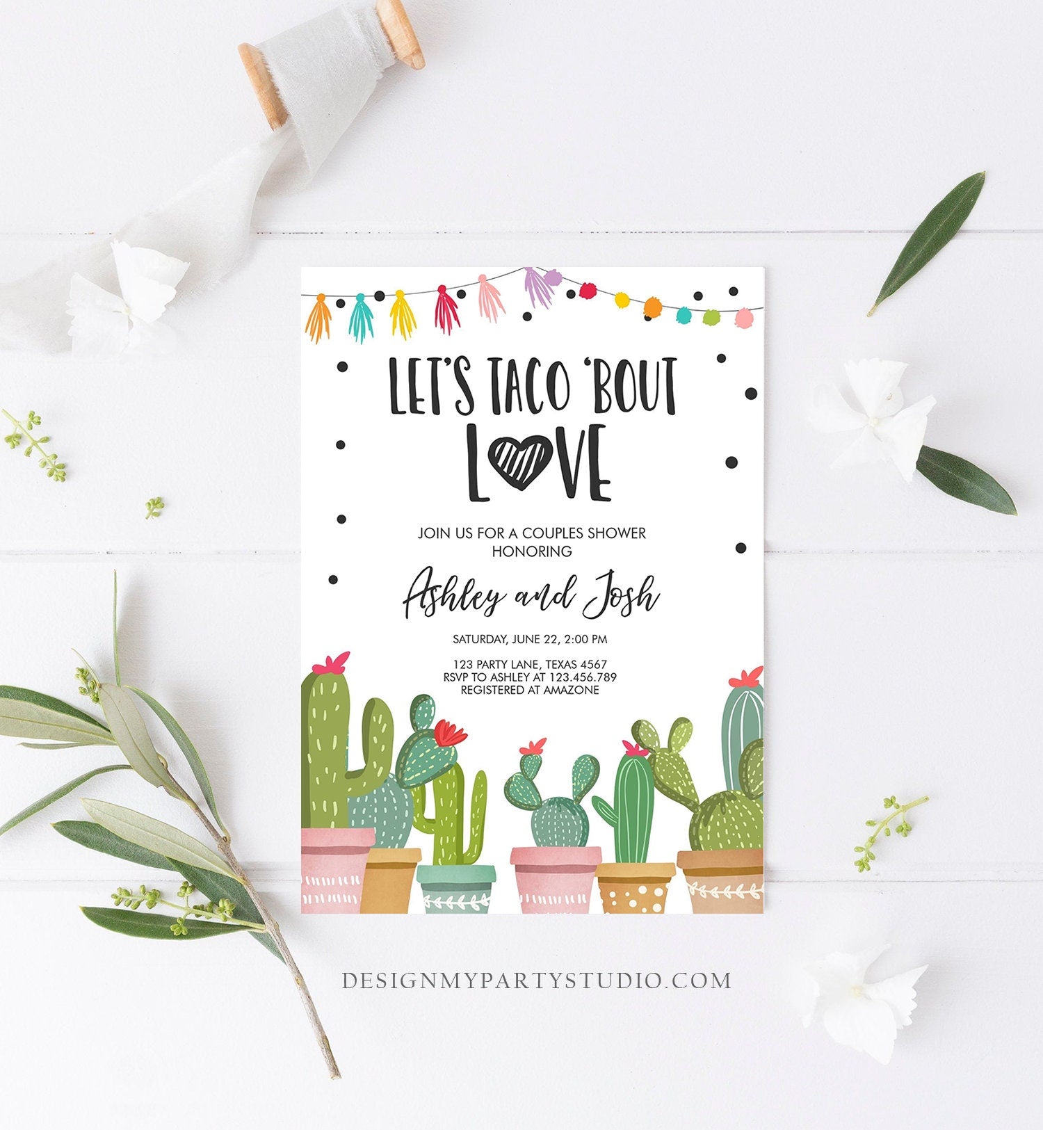 Editable Taco Bout Love Couples Shower Invitation Fiesta Cactus Succulent Mexican Green Pink Digital Download Corjl Template Printable 0254