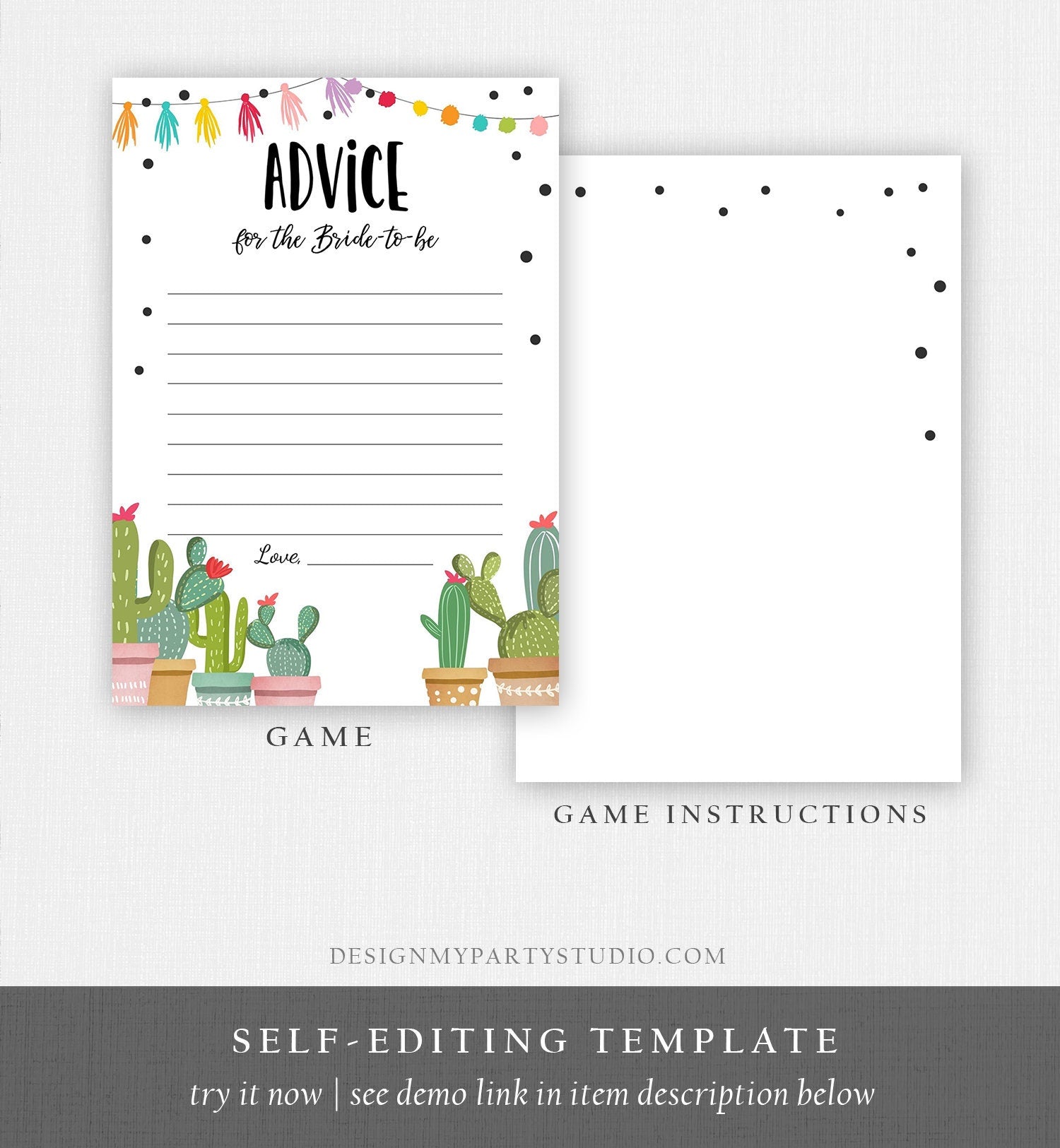 Editable Advice for the Bride-to-be Card Words of Wisdom Cactus Succulent Fiesta Bridal Shower Game Mexican Corjl Template Printable 0254