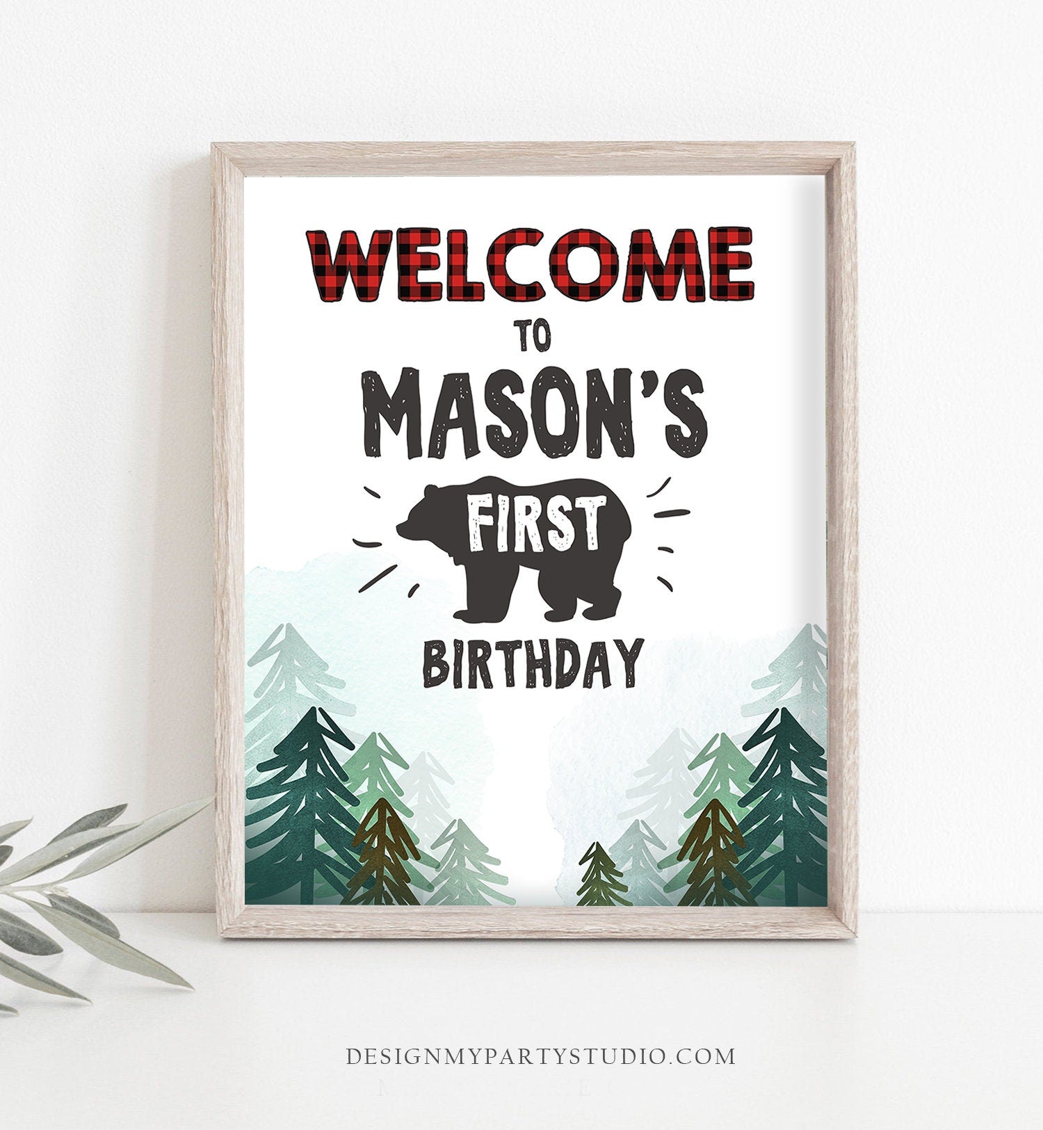 Editable Lumberjack Welcome Sign Lumberjack Birthday Sign Buffalo Plaid 1st Birthday Bear Wild One Trees Template Printable Corjl 0377