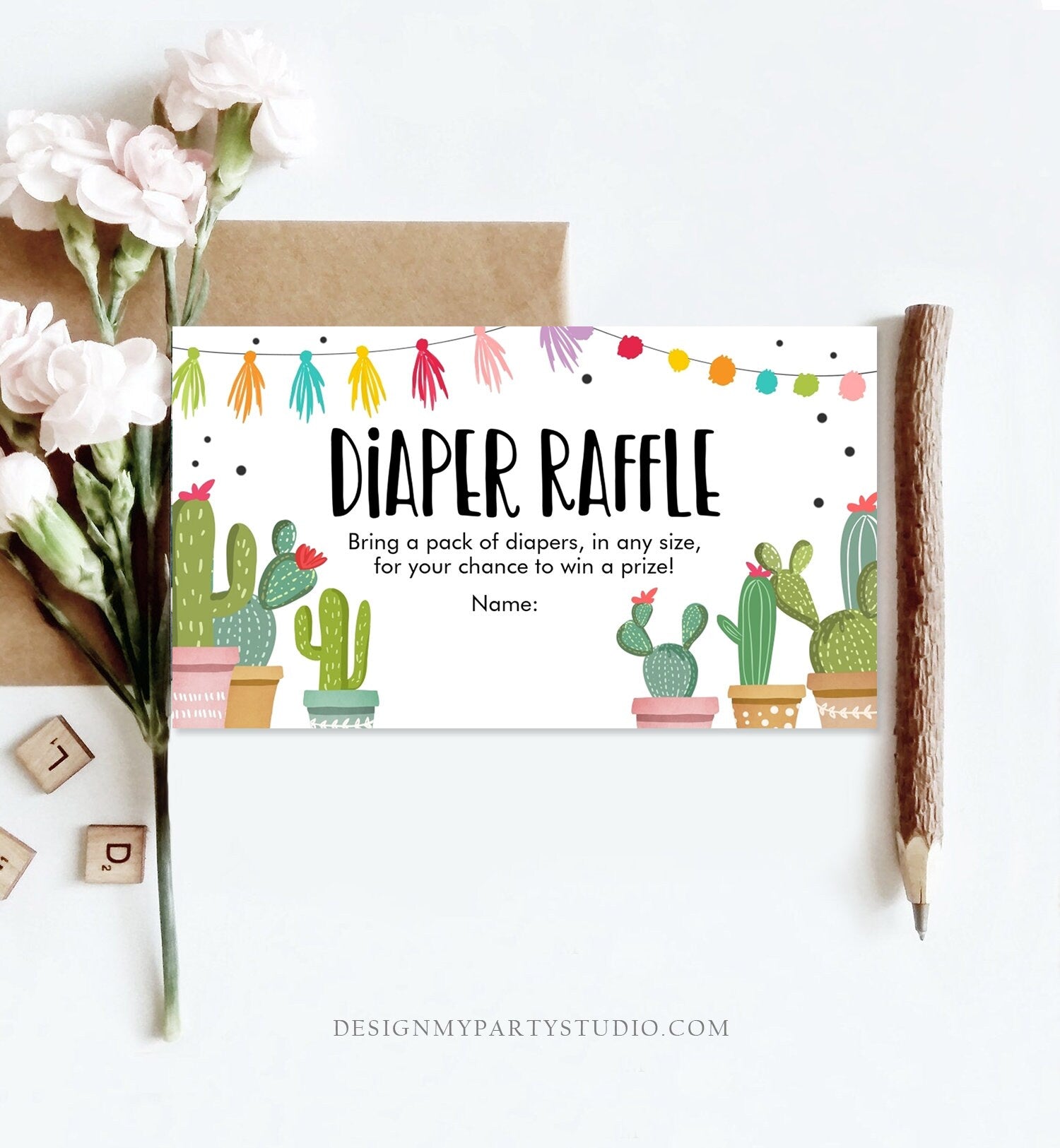 Editable Cactus Diaper Raffle Ticket Cactus Fiesta Baby Shower Diaper Game Succulent Diaper Ticket Shower Game Corjl Template Printable 0254