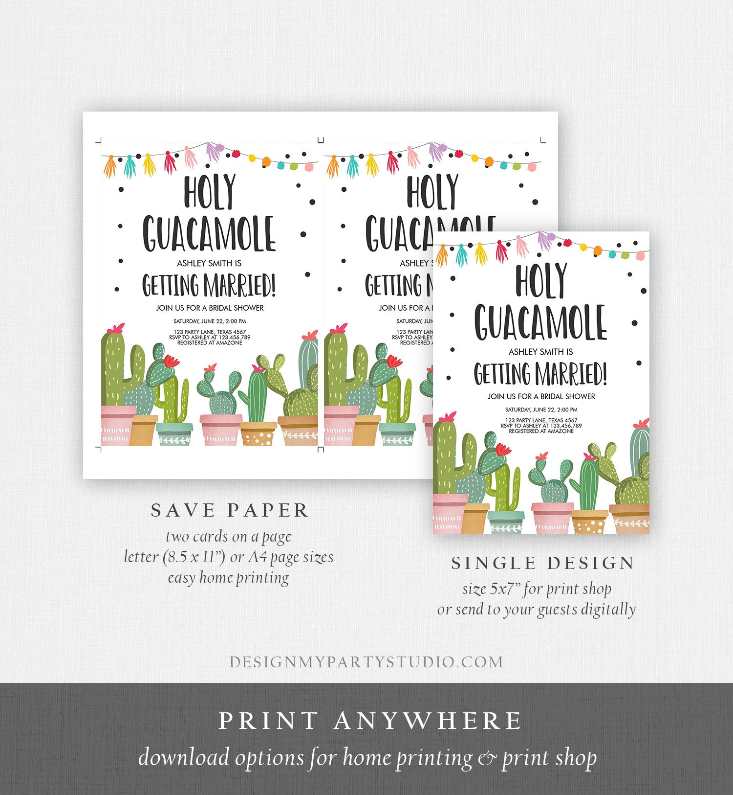 Editable Holy Guacamole Bridal Shower Invitation Fiesta Couples Shower Cactus Succulent Mexican Download Corjl Template Printable 0254