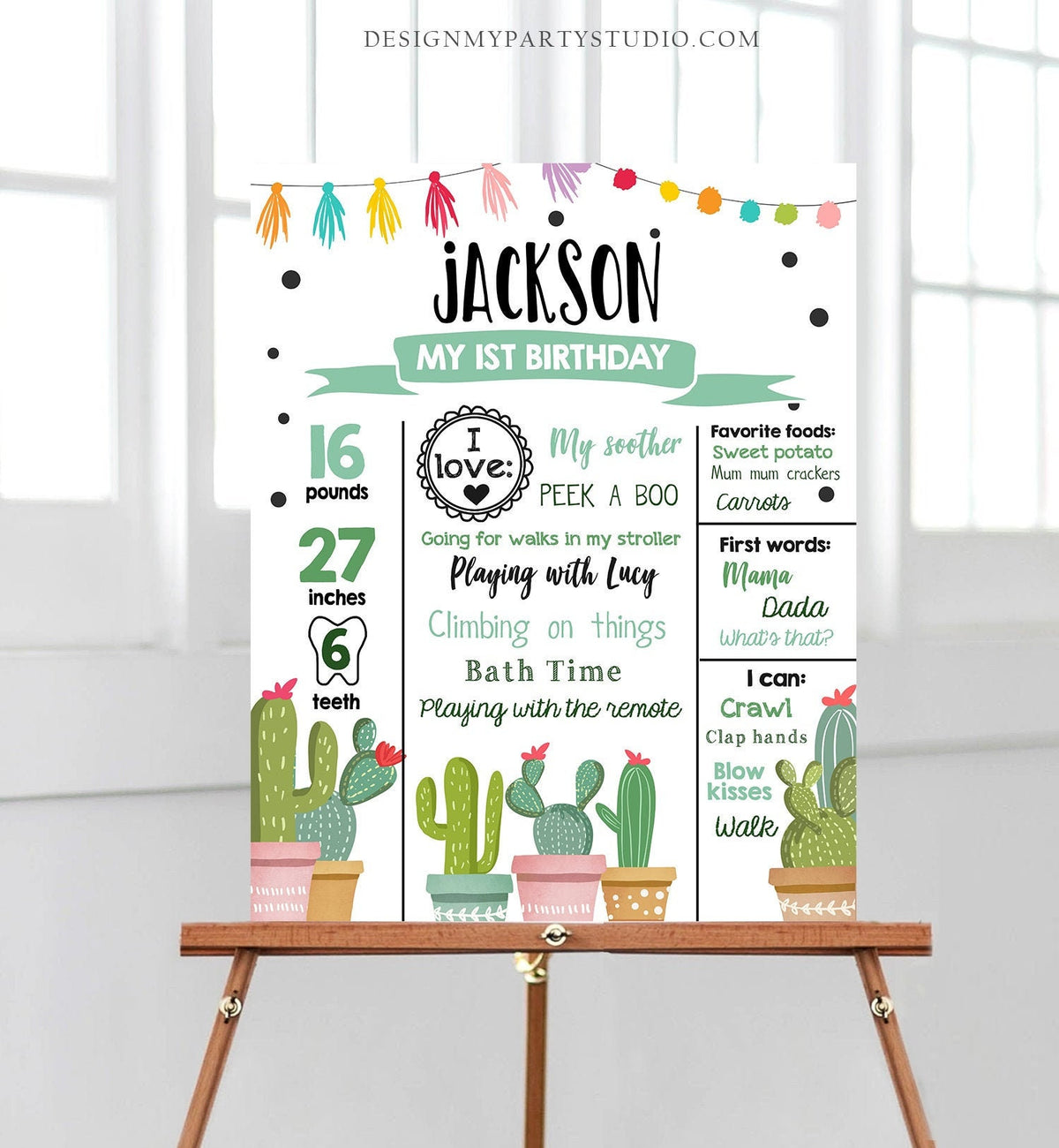 Editable Cactus Fiesta Birthday Milestones Sign First Birthday Poster 1st Birthday Mexican Party Digital Download Template Printable 0254