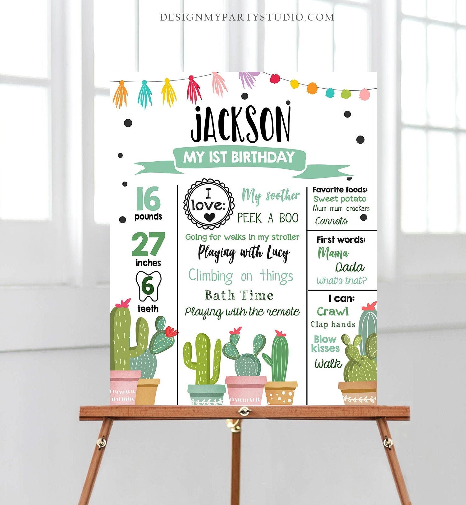 Editable Cactus Fiesta Birthday Milestones Sign First Birthday Poster 1st Birthday Mexican Party Digital Download Template Printable 0254