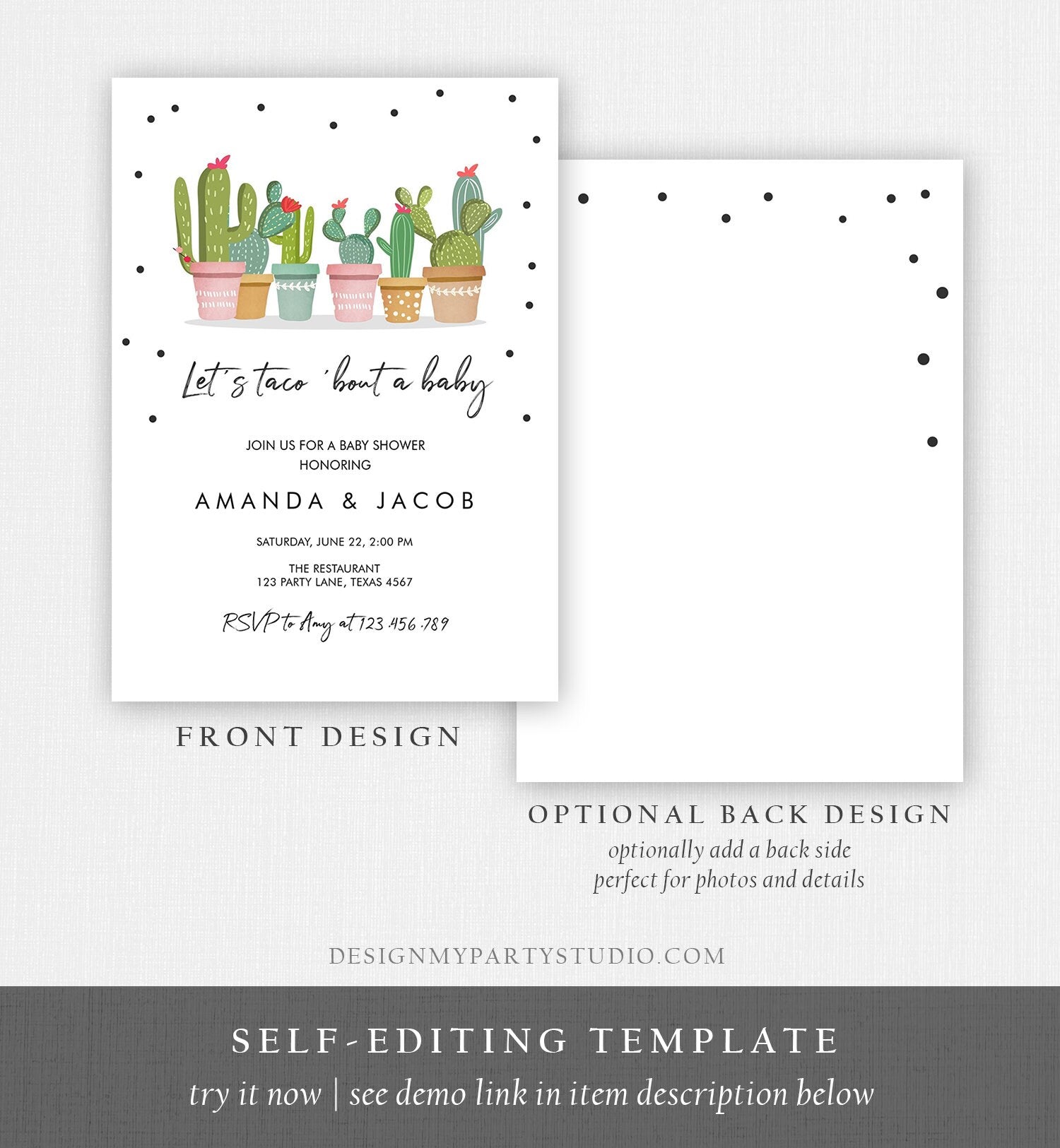 Editable Taco Bout a Baby Shower Invitation Cactus Mexican Fiesta Baby Shower Couples Shower Pregnancy Corjl Template Printable 0254