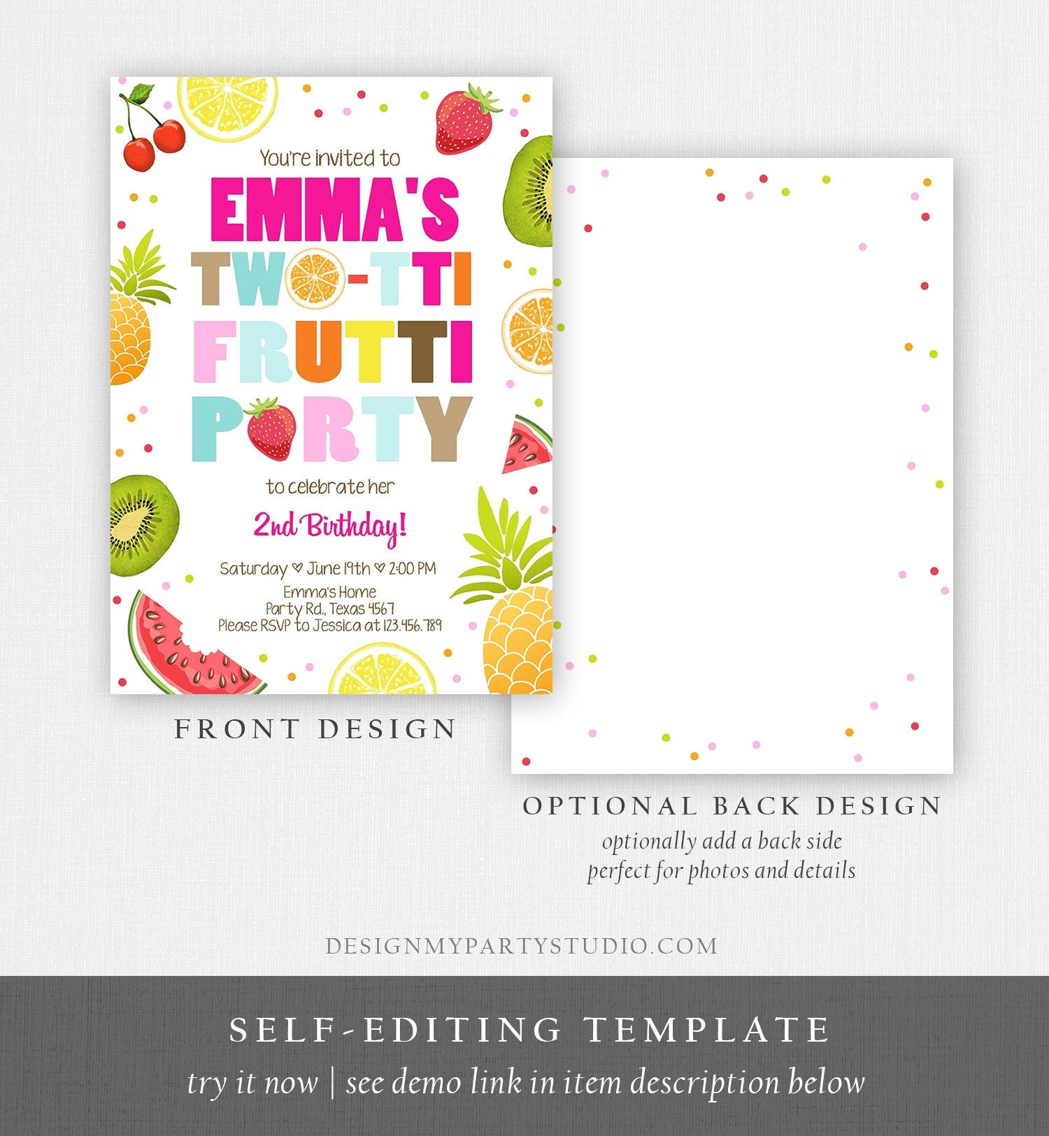 Editable Two-tti Frutti 2nd Birthday Invitation Twotti Frutti Party Fruit Tropical Summer Download Printable Template Digital Corjl 0127