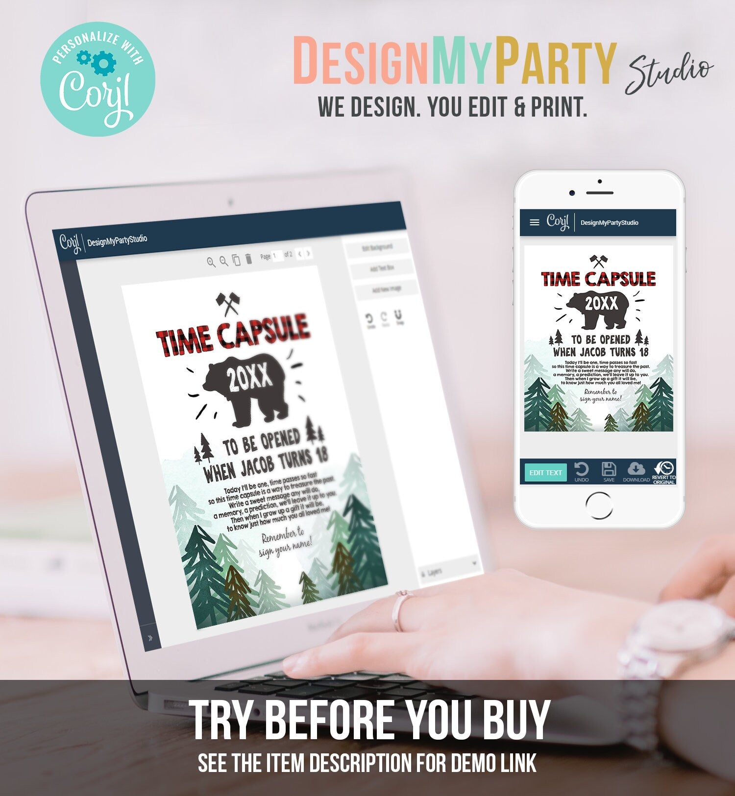 Editable Lumberjack Time Capsule First Birthday Party Game Bear Trees Buffalo Plaid Guestbook Woodland Download Template Printable 0377