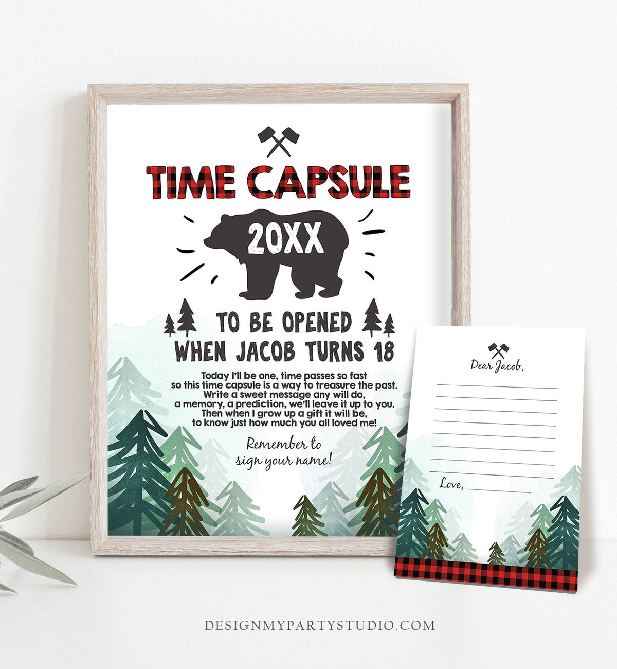 Editable Lumberjack Time Capsule First Birthday Party Game Bear Trees Buffalo Plaid Guestbook Woodland Download Template Printable 0377