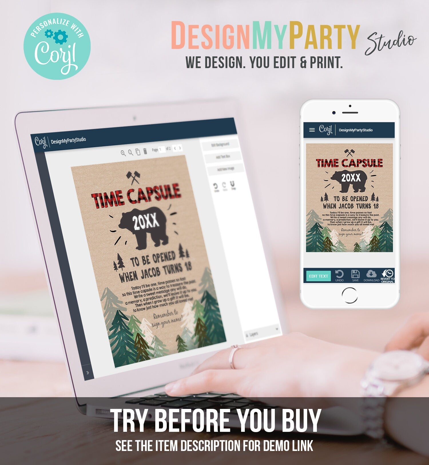 Editable Lumberjack Time Capsule First Birthday Party Game Bear Trees Buffalo Plaid Guestbook Digital Download Corjl Template Printable 0026