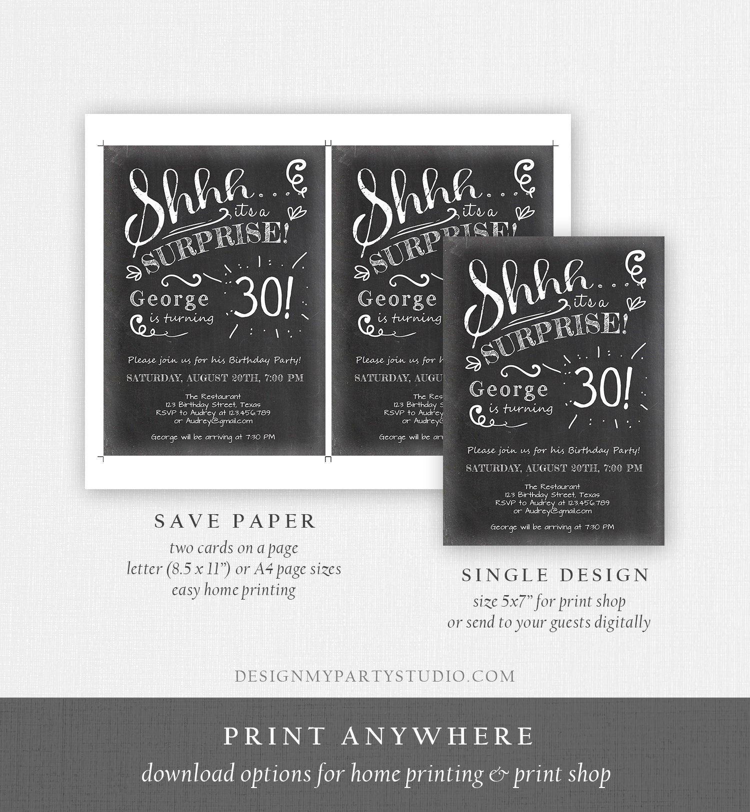 Editable ANY AGE Surprise Birthday Invitation Chalk Rustic Adult 30th Thirty Vintage Party Photo Shhh Download Printable Corjl Template 0102