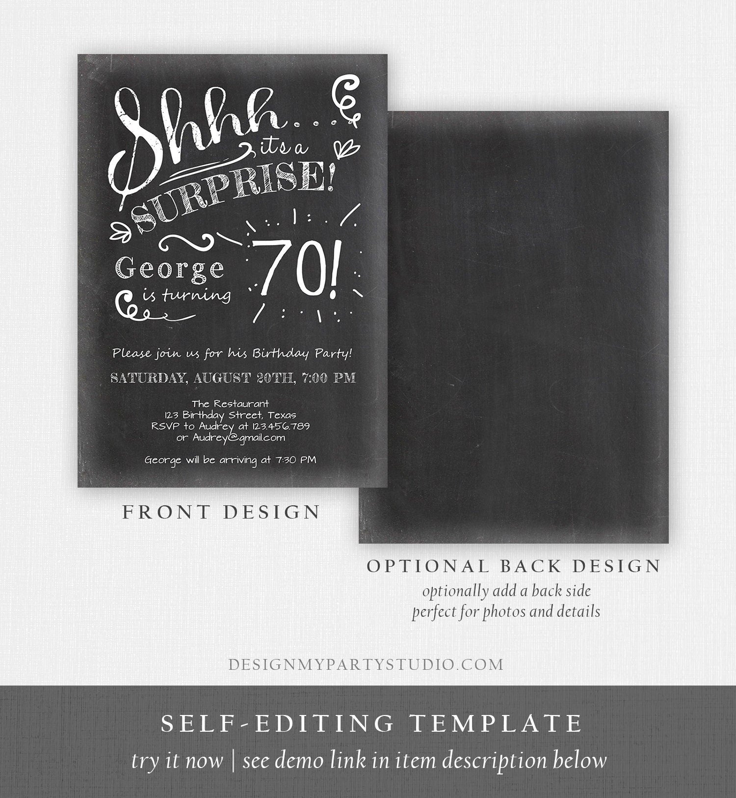 Editable ANY AGE Surprise Birthday Invitation Chalk Rustic Adult 70th Seventy Vintage Party Photo Digital Download Template Printable 0102