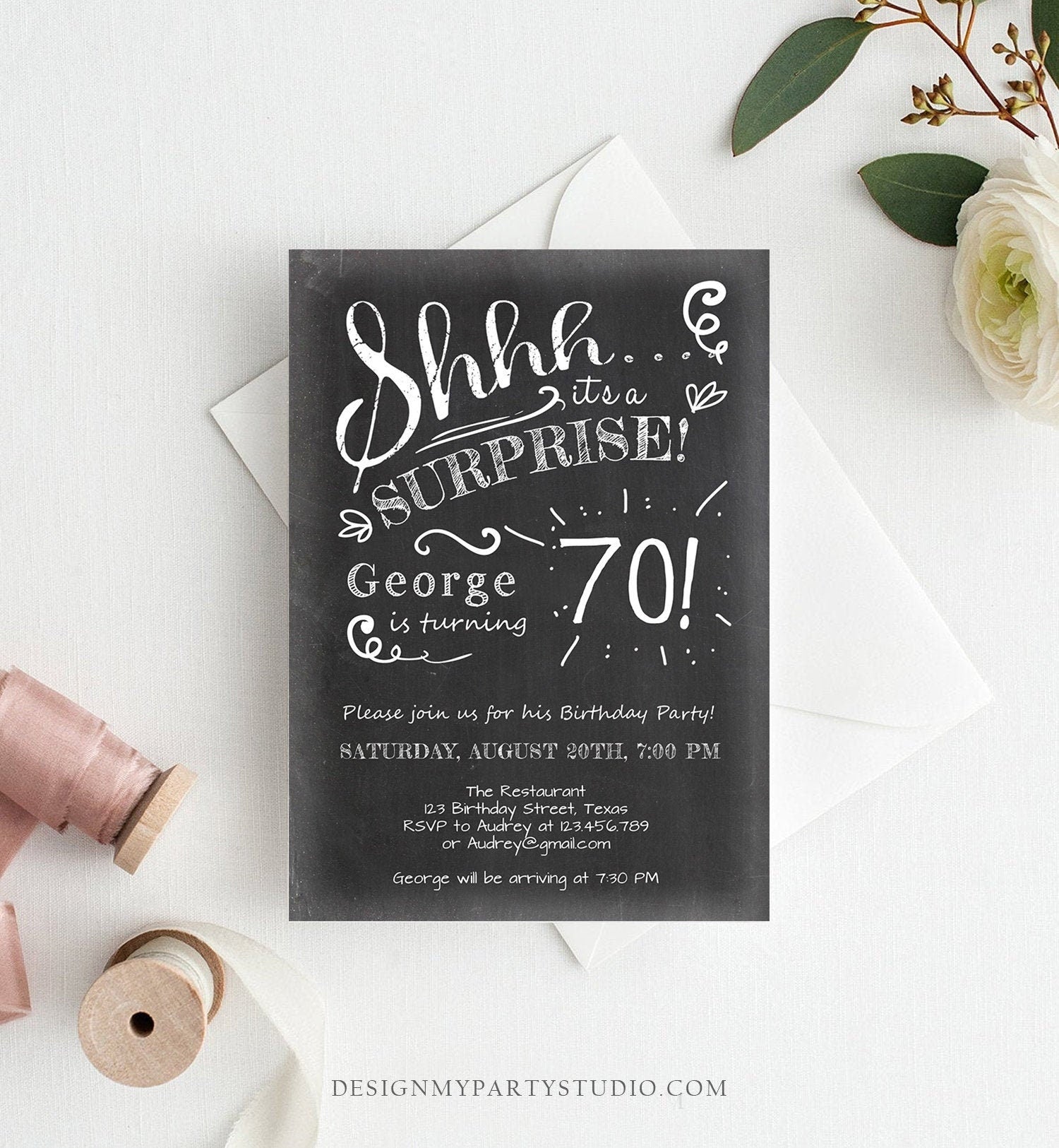 Editable ANY AGE Surprise Birthday Invitation Chalk Rustic Adult 70th Seventy Vintage Party Photo Digital Download Template Printable 0102