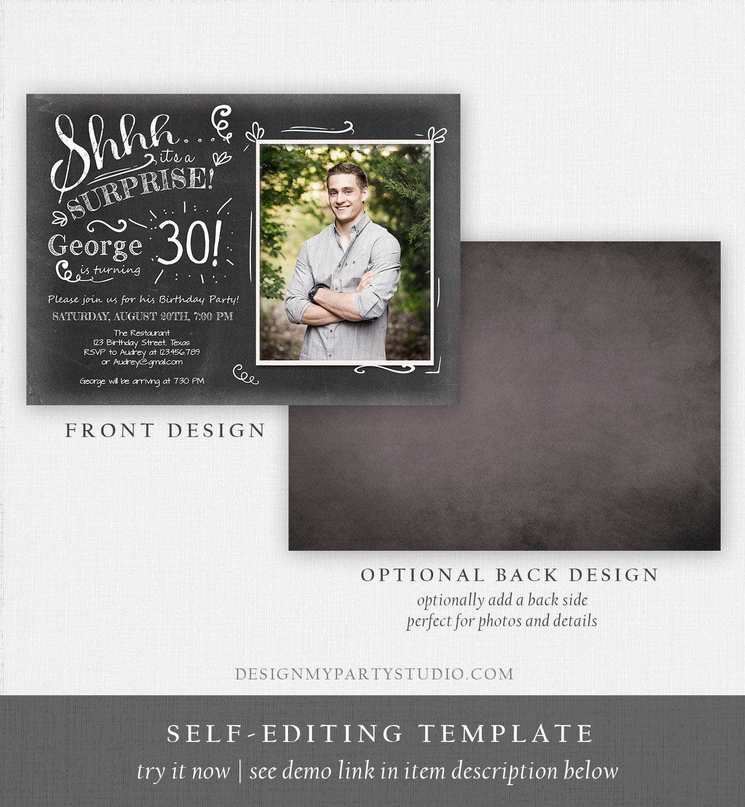 Editable ANY AGE Surprise Birthday Invitation Chalk Rustic Adult 30th Thirty Vintage Party Photo Shhh Download Printable Corjl Template 0102