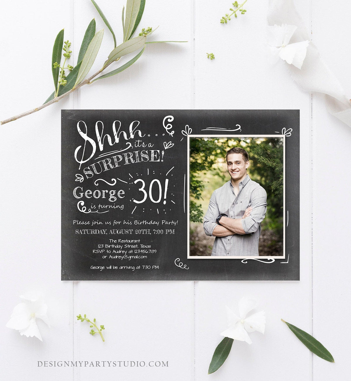 Editable ANY AGE Surprise Birthday Invitation Chalk Rustic Adult 30th Thirty Vintage Party Photo Shhh Download Printable Corjl Template 0102