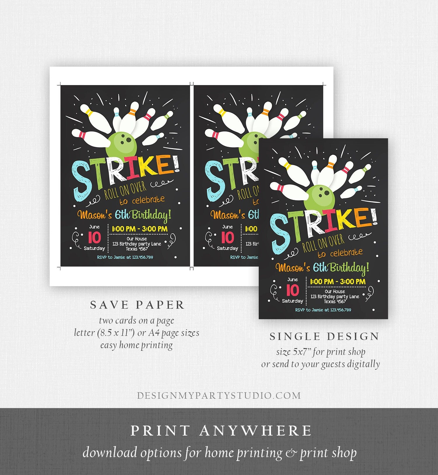 Editable Bowling Birthday Invitation Boy Red Blue Bowling Party Strike Kids Birthday Digital Download Corjl Template Printable 0081