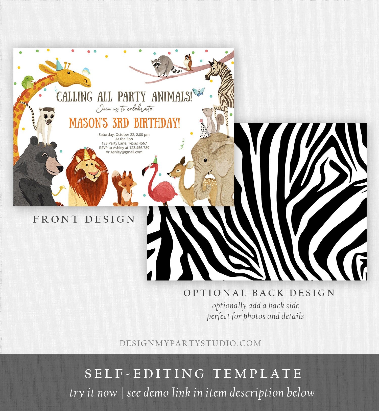 Editable Calling All Party Animals Birthday Invitation Wild One Safari Animals Safari Party Digital Download Corjl Template Printable 0196