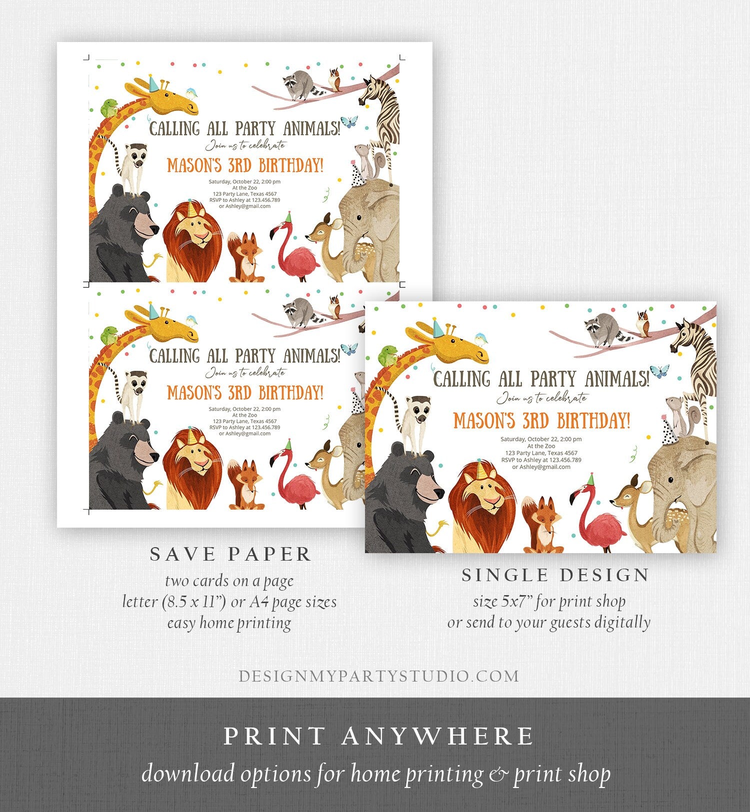 Editable Calling All Party Animals Birthday Invitation Wild One Safari Animals Safari Party Digital Download Corjl Template Printable 0196