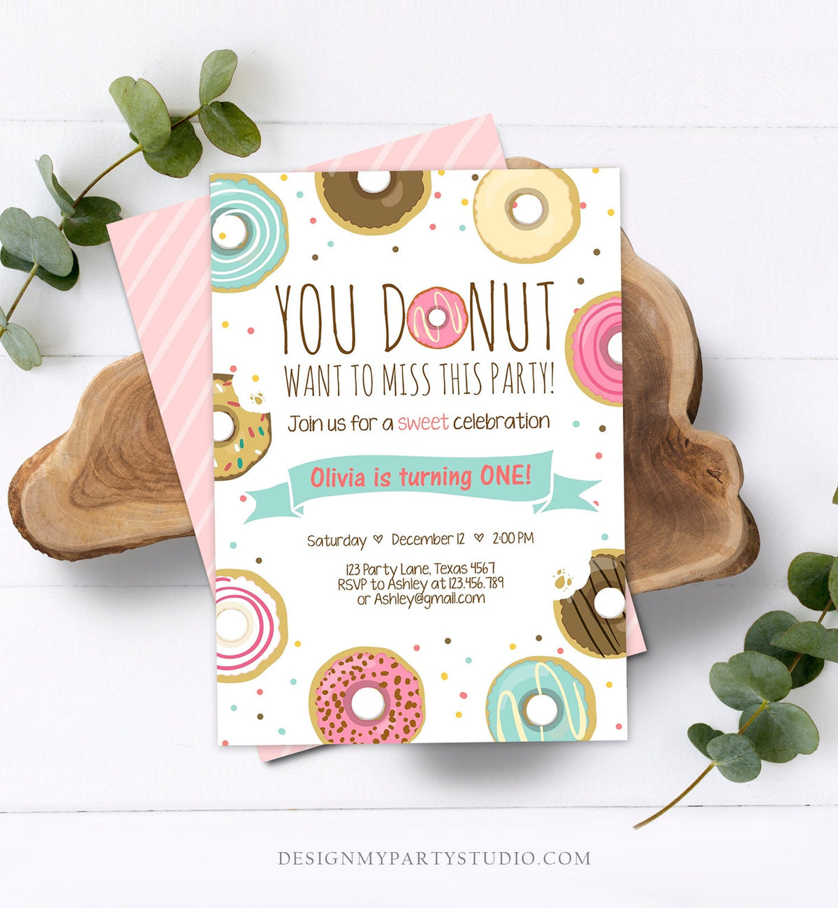 Editable Donut Birthday Invitation You Donut Want To Miss This Girl Pink Sweet Doughnut First Birthday 1st Donut Grow Up Corjl Template 0050